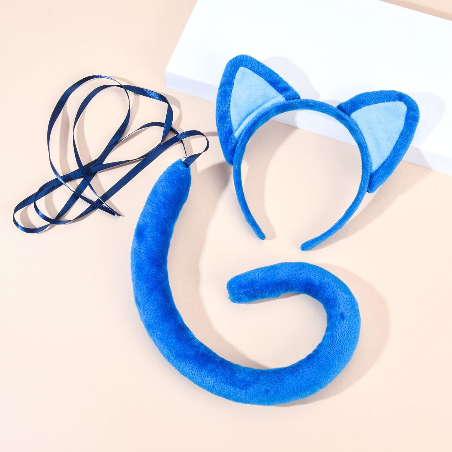 DDazzling Blue Cat Ears Headband and Tail Set Read Book Day Dress Up,Halloween Cat Costume Family Accessories (Blue)