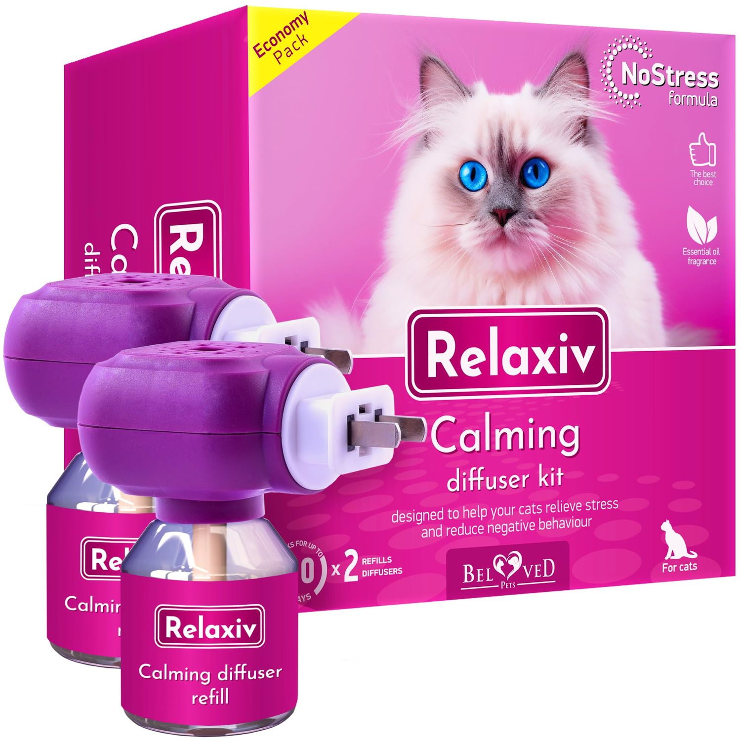 Beloved Pets Cat Calming Diffuser & Pet Anti Anxiety Products - Feline Calm Pheromones Plug in & Cats Stress Relief Comfort Helps with Pee, New Zone, Aggression (2 Pack (2 Diffusers + 2 Refills))