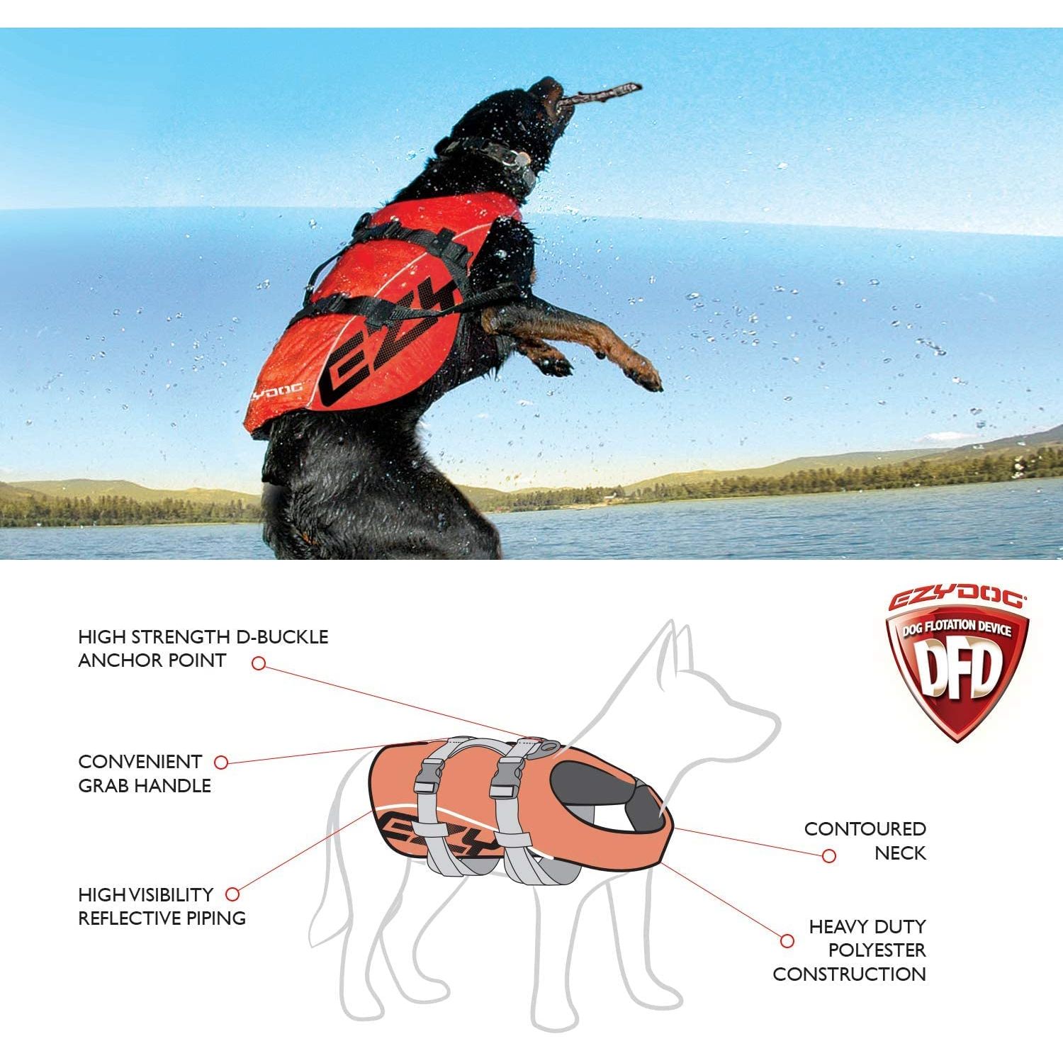 EzyDog Premium Doggy Flotation Device (DFD) - Adjustable Dog Life Jacket Preserver with Reflective Trim - Durable Grab Handle for Safety and Protection - 50% More Flotation Material (Medium, Red)
