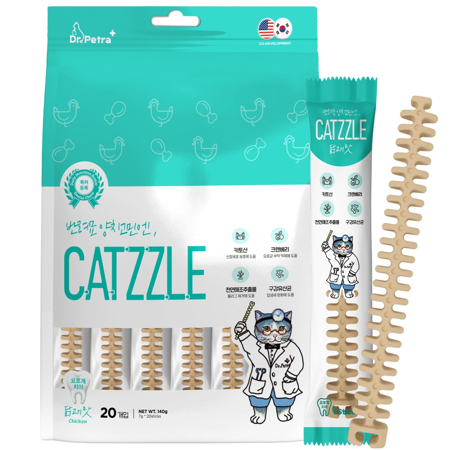 DR.PETRA CATZZLE Cat Treats, Dental Chews for Indoor Cats, Cat Teeth Cleaning, Dental Care Snacks - Urinary Tract Health (Chicken Flavor), 20 Sticks (5 oz.)