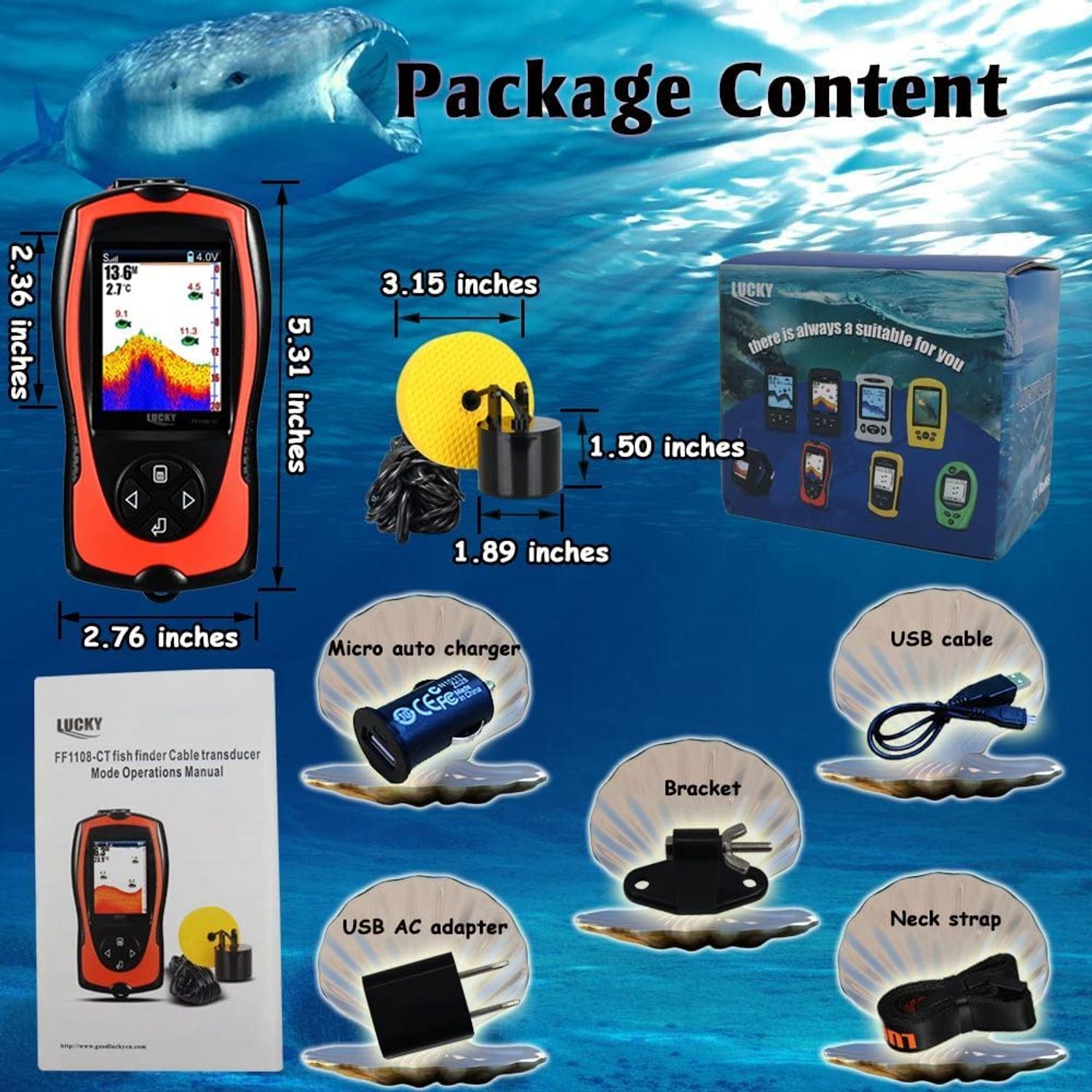 LUCKY Portable Fish Finder Handheld Kayak Fish Finders Wired Fish Depth Finder Sonar Sensor Transducer for Boat Fishing Sea Fishing