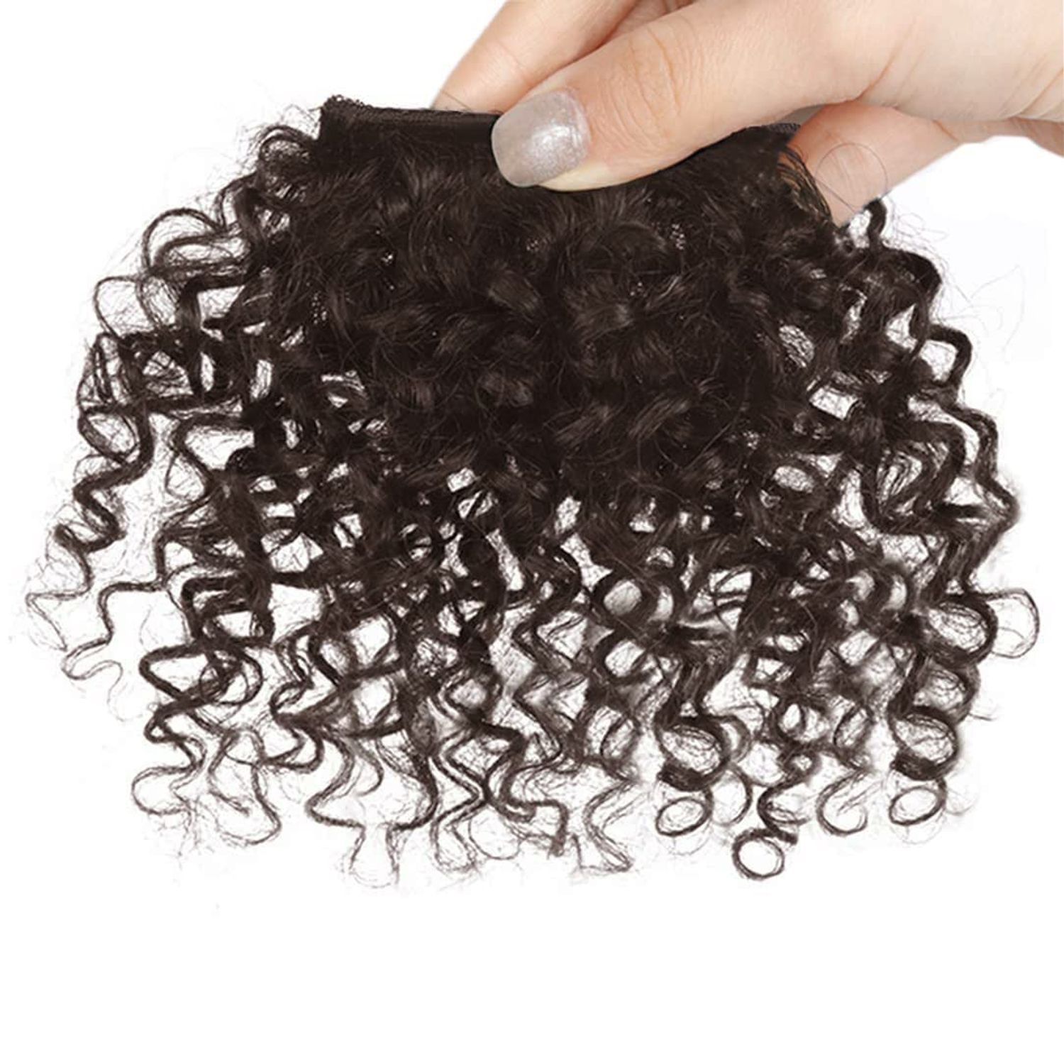ICRAB Afro Kinly Curly Bangs Clip in Hair Extensions Natural Fake Fringe Bangs Short Curly Human Hair Bangs Clip on Hair Piece Jerry Curly Fringe Hair 4# Dark Brown Color