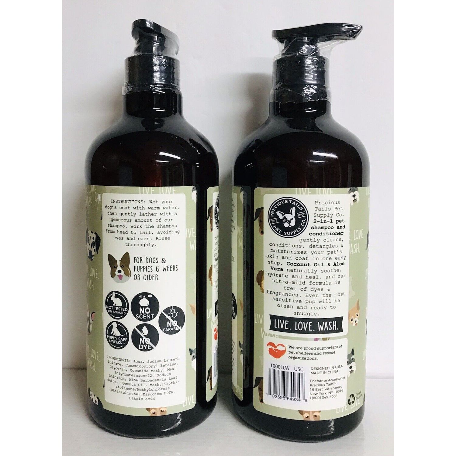 2 Bottles Unscented 2-in-1 Pet Shampoo  & Conditioner with Aloe Vera & Coconut