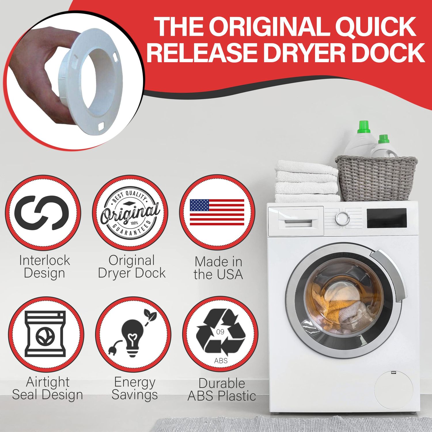 Dryer Dock The Original Dryer Vent Quick Release - Two-Piece Dryer Hose Quick-Connect, Twist & Lock Tight, Fits 4 Inch Tubes,White