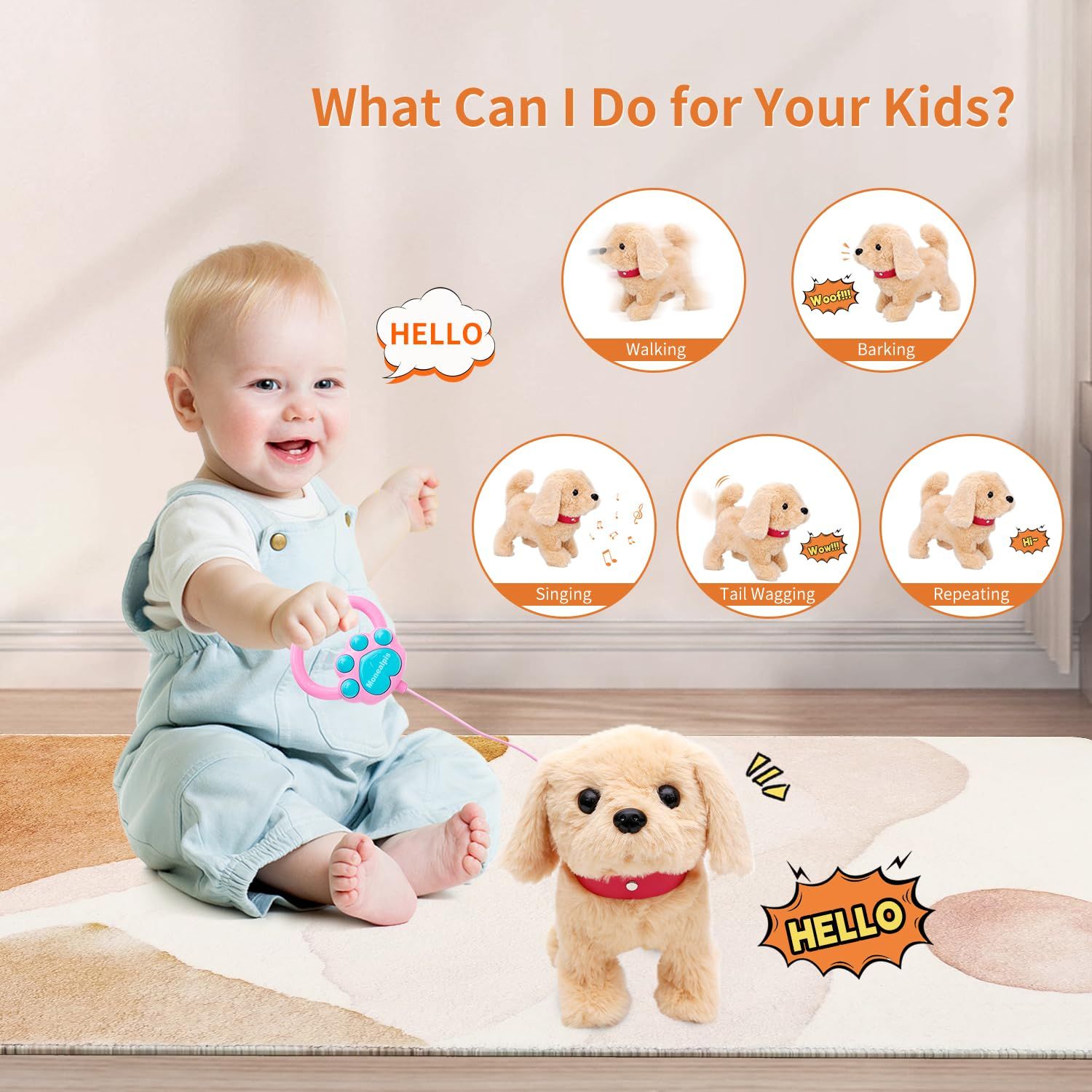 Monealpis Interactive Walking Dog Toy - Toddler Walking Plush Dog Toys for Kids, Toys for Girls 2 Years Old - Electronic Golden Retriever Plush Toy with Singing, Barking, and Tail Wagging