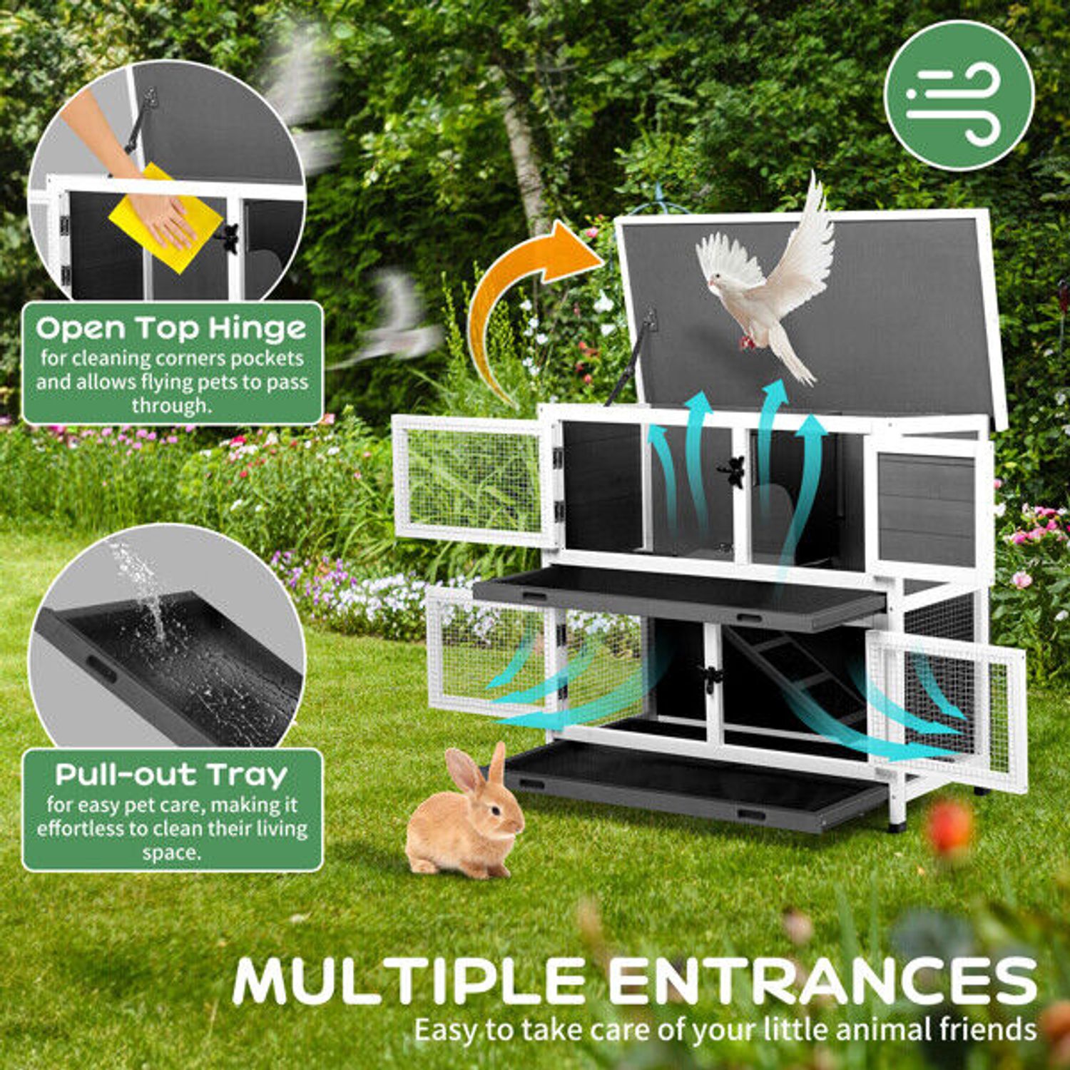 Indoor Outdoor 2 Story Solid Wood Rabbit Hutch Guinea Pig Cage Pet House Grey