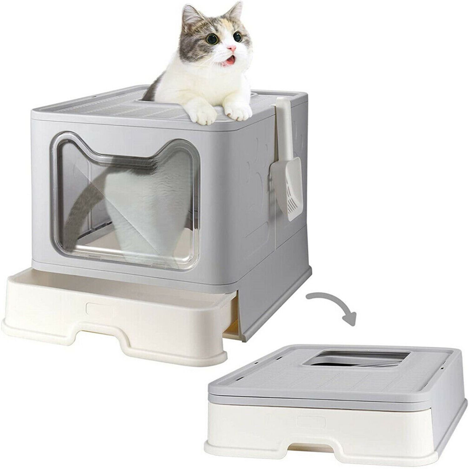 Foldable Cat Litter Box w/ Scoop & Drawer Tray Large Space Cat Litter Enclosure
