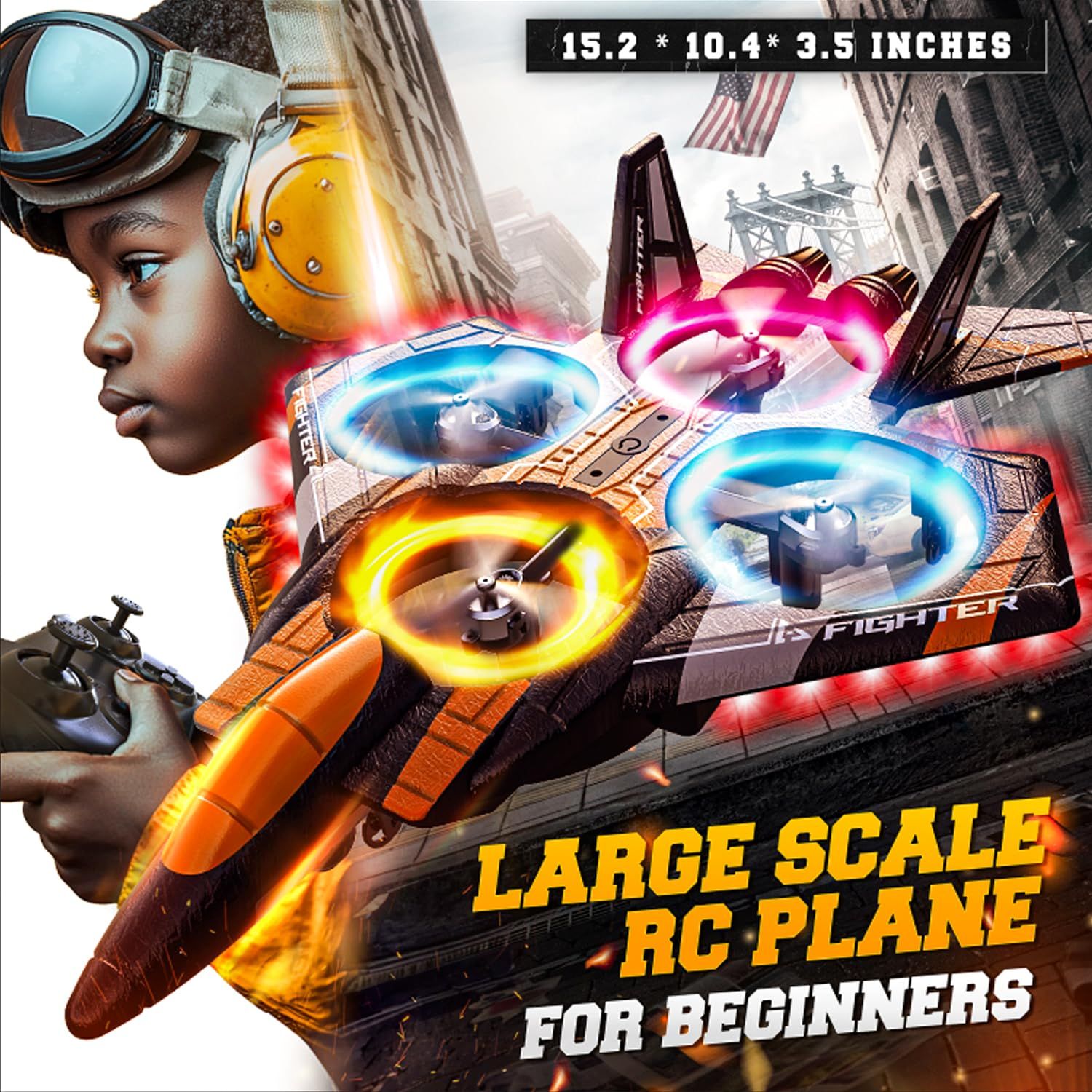 BEZGAR RC Plane for Kids | 2.4GHZ Brushless Drones with Camera, 6-axis Gyro Remote Control Airplane, 360° Flip Fighter Jet Toy, Toys for Ages 8+ with Colorful LED Navigation Lights Orange