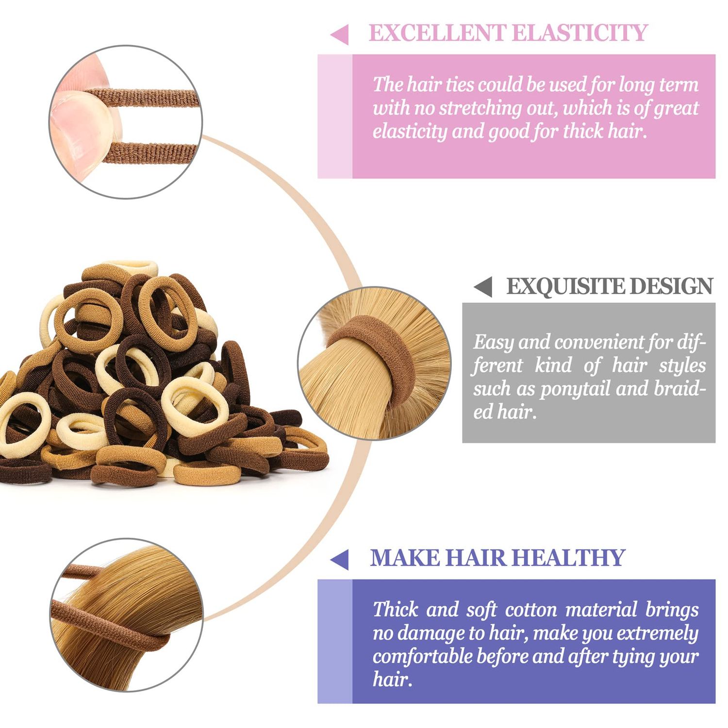 JIRIS 100PCS Brown Hair Ties for Women And Kids, Seamless Thick Brown Hair Band, Elastic Baby Hair Ties No Damage Ponytail Holder, Cotton Toddler Hair Tie, No Crease Small Hair Ties For Toddler Girls