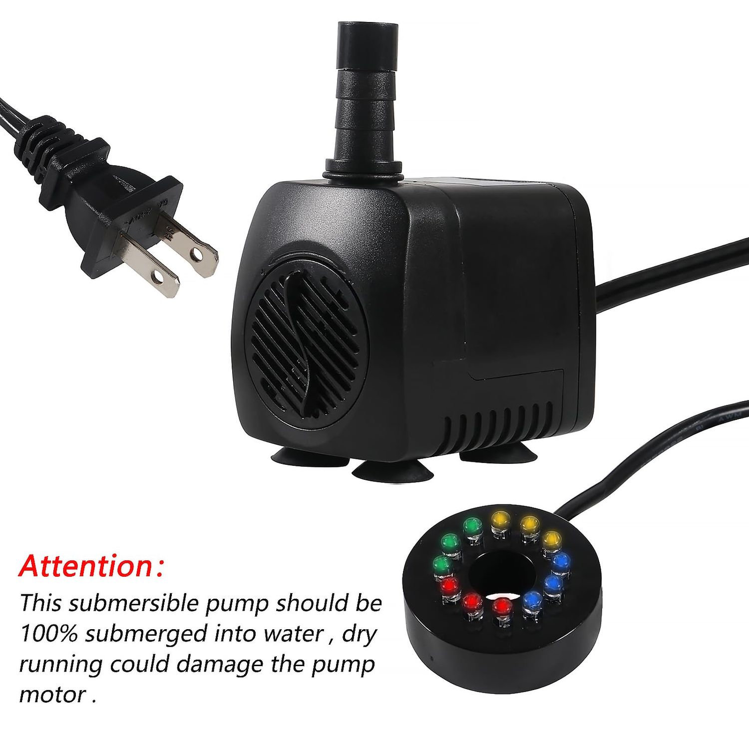 AITIAO 15W 220 GPH Submersible Fountain Water Pump Ultra Quiet Adjustable Pump (800L/H) with 12 Colorful Automatic Color Changing LED Lights for Water Feature Aquarium fish tanks Outdoor Fountain