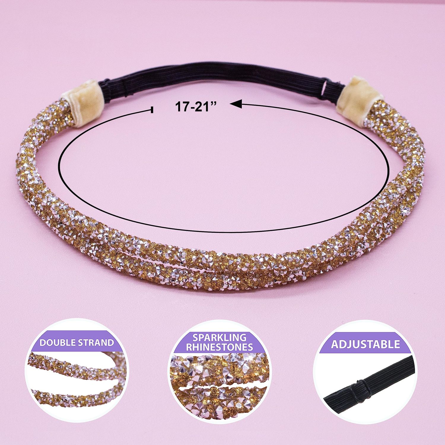 FROG SAC Rhinestone Headbands for Girls, Adjustable Double Row Glitter Headband for Women Hair Accessories, Sparkly Bling Hair Bands for Kids, Cute Tween Girl Head Band Hairband (Gold)
