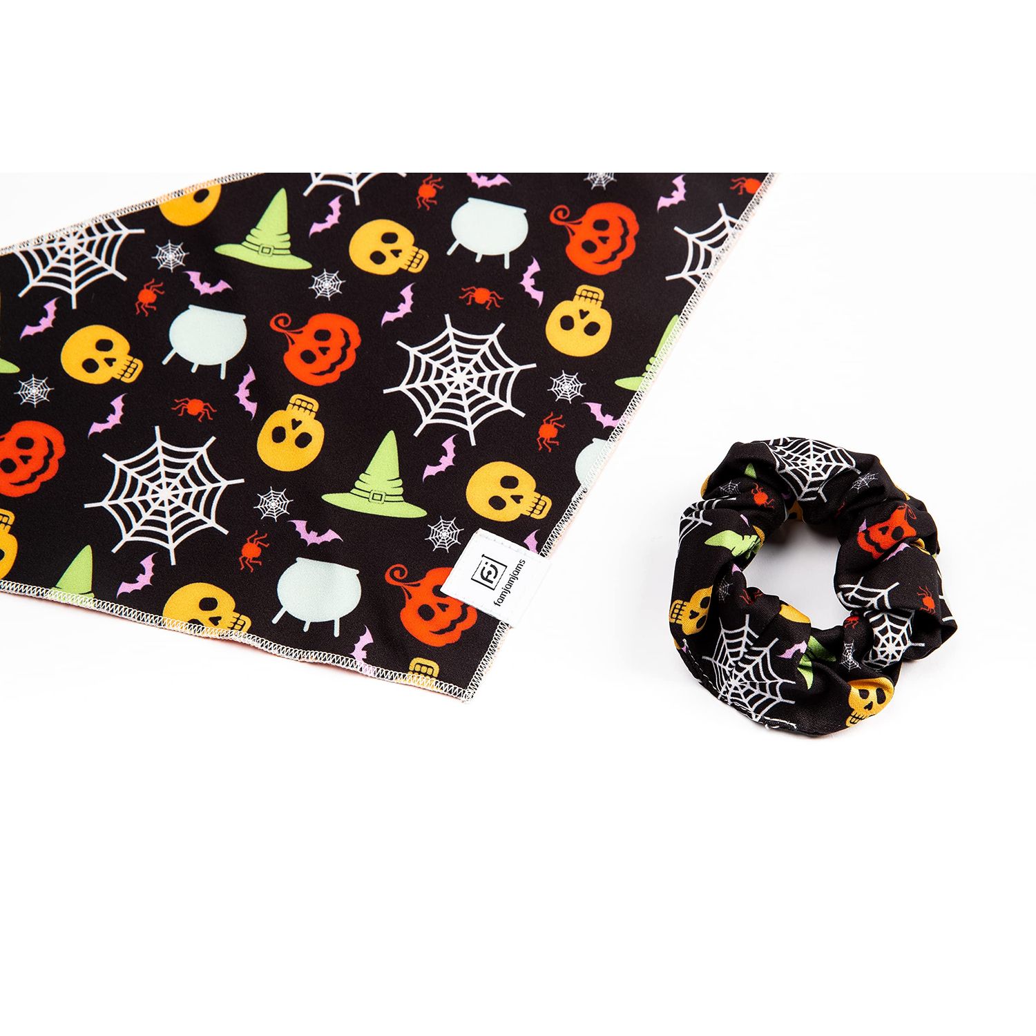 famjamjams Dog Bandana & Matching Scrunchie - Halloween S/M - Pet & Owner Matching Outfits, Polyester Spandex Fabric, Pet Bandana Scrunchie Combo