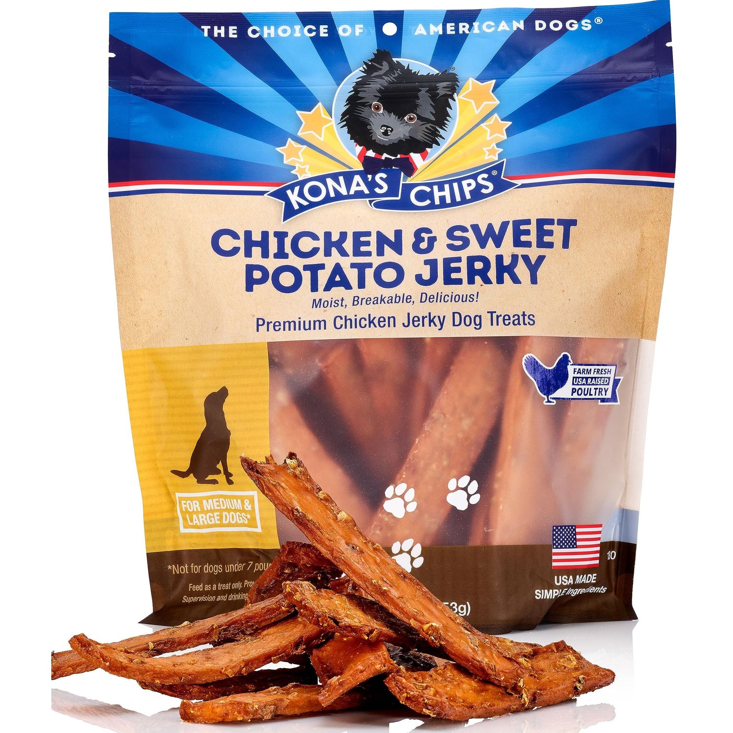 KONA'S CHIPS Chicken and Sweet Potato Jerky; Dog Treats Made in USA ONLY - 100% USDA Chicken, Grain Free. Natural, Healthy & Safe Treats for Your Dog (16 oz)