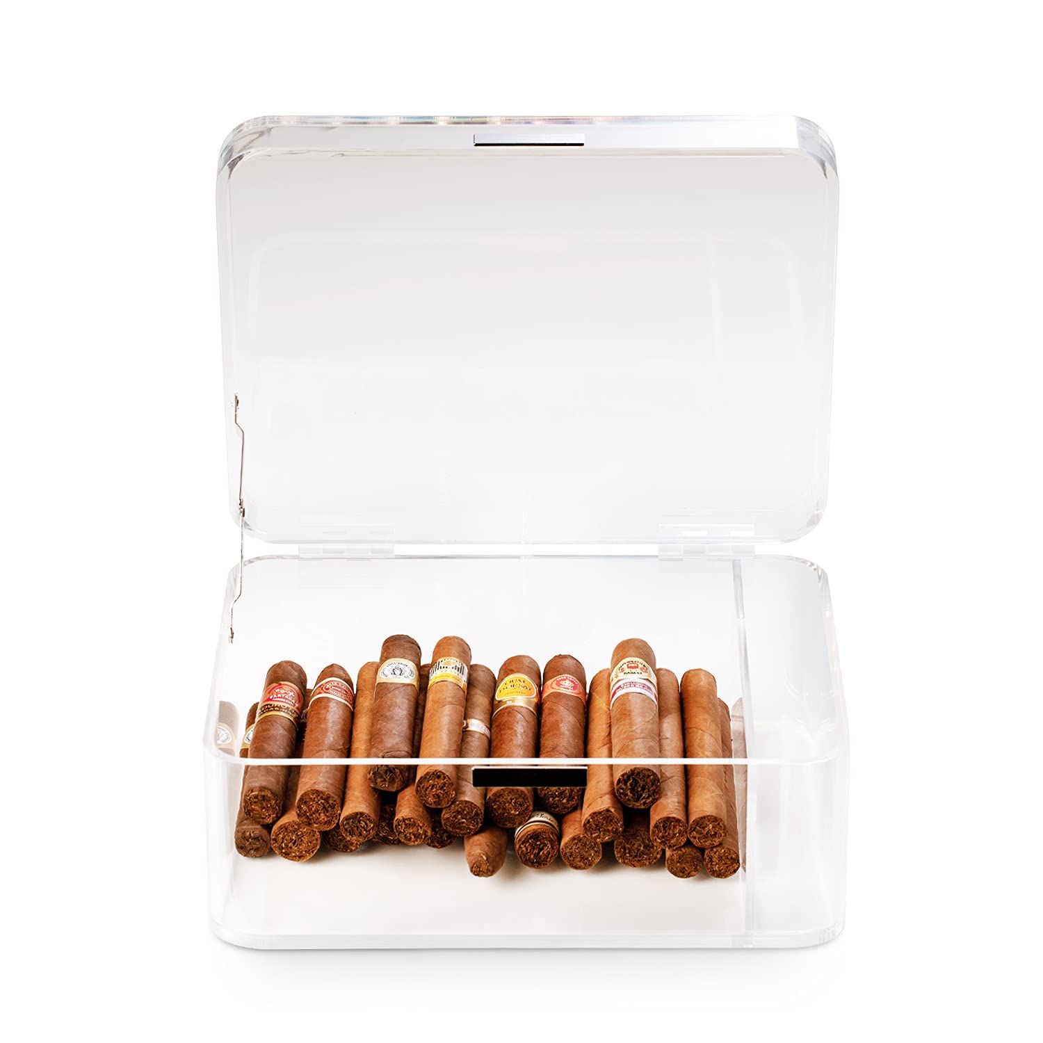 Acrylic Cigar Humidor Cigar Storage Box, Air Tight Cigar Container, Humidifier, Compartment for Humidity Pack Stores 50-75 Cigars (White)