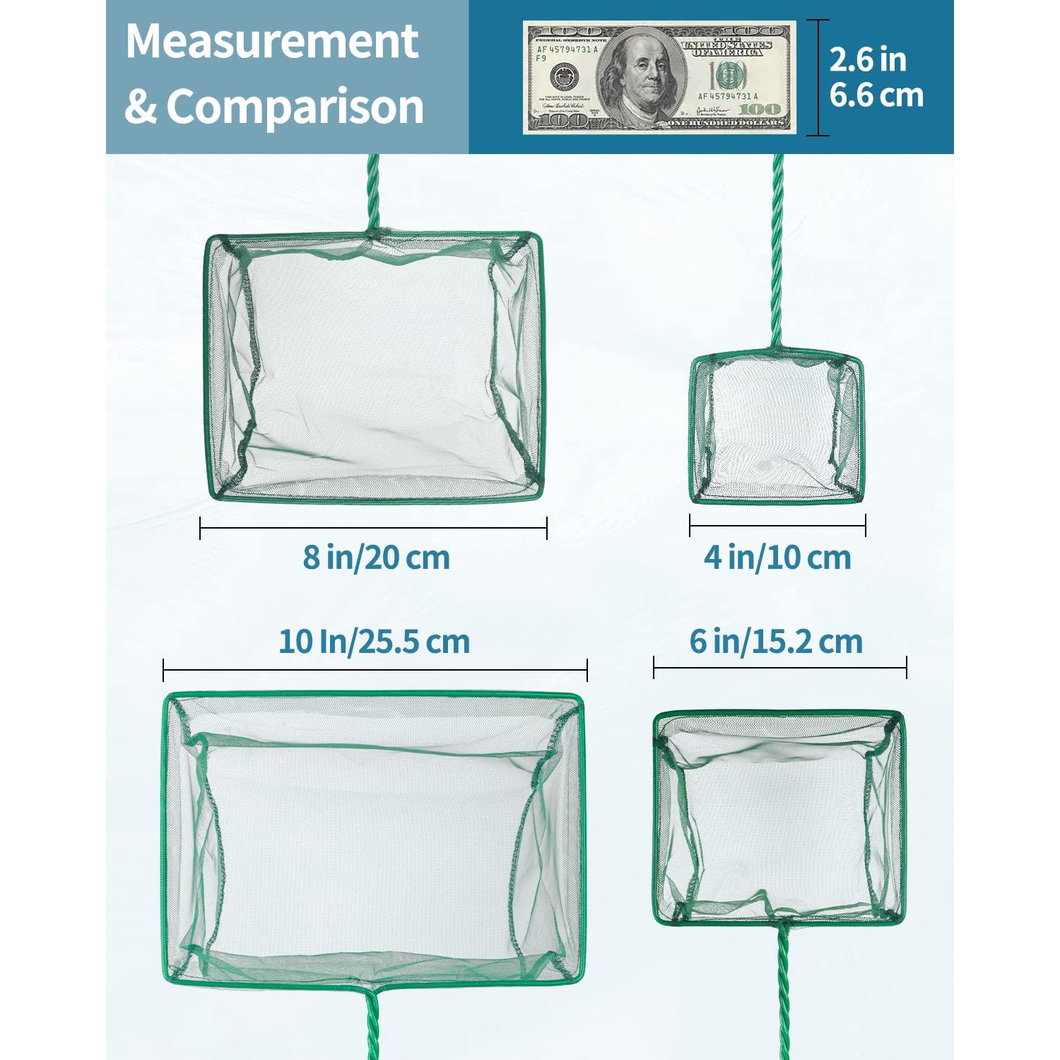 Pawfly 4 & 6 Inch Aquarium Fish Net Set with Braided Metal Handle Square Green Net with Soft Fine Mesh Sludge Food Residue Wastes Skimming Cleaning Net for Fish Tanks Small Koi Ponds and Pools