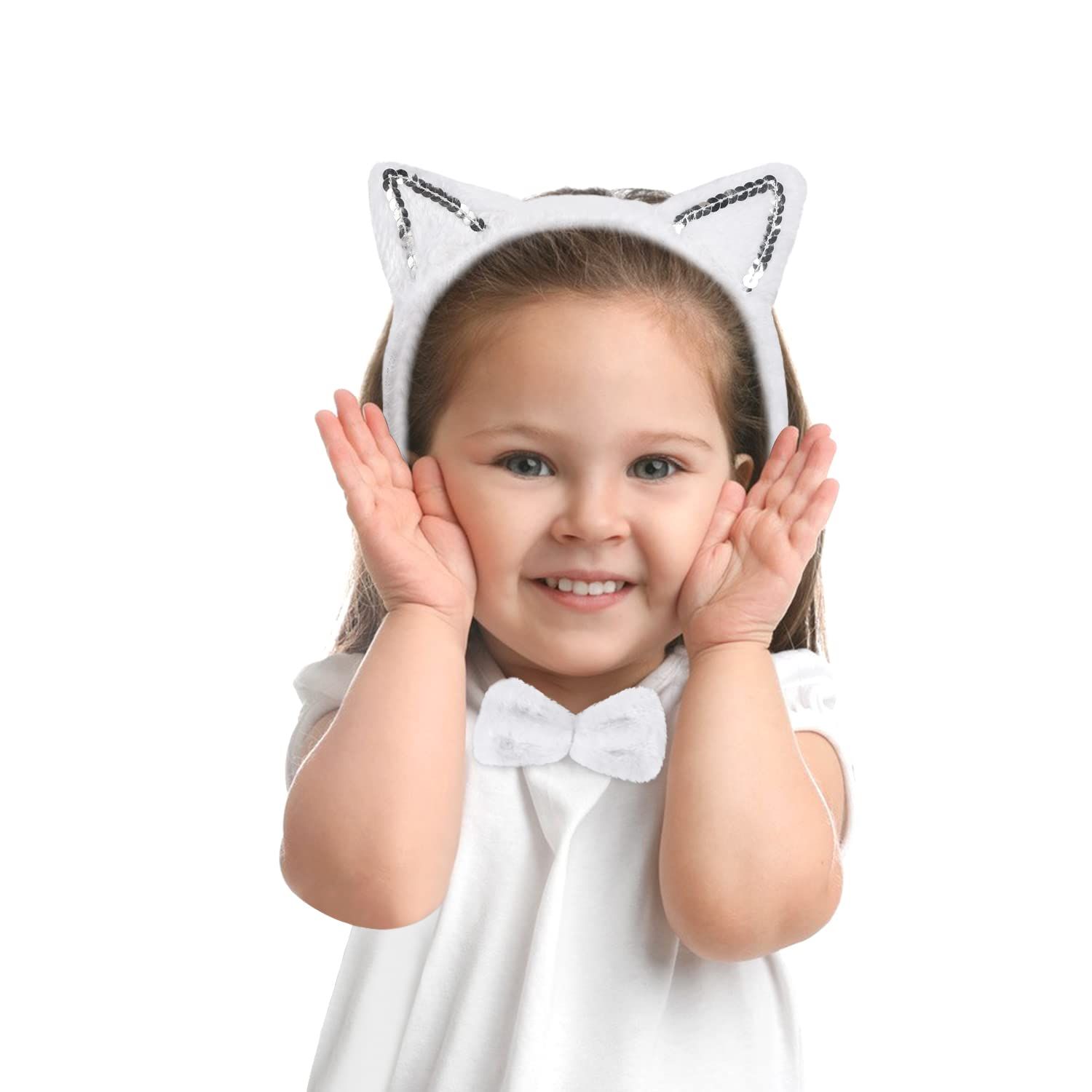 3 Pieces White Cat Costume Set Cat Glitter Ears Headband Tail and Bow Tie Animal Fancy Dress Cat Costume Kit Party Accessories for Halloween,Birthday,Christmas,Cosplay Dress Up Party Decorations