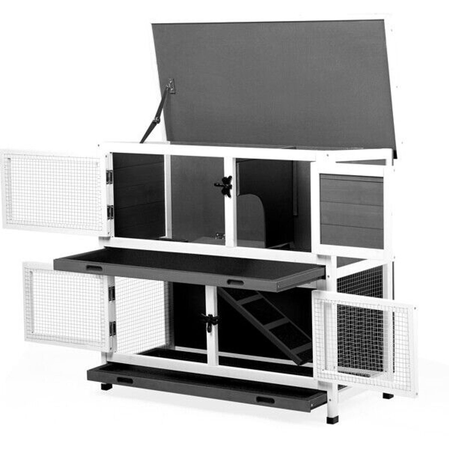 Indoor Outdoor 2 Story Solid Wood Rabbit Hutch Guinea Pig Cage Pet House Grey