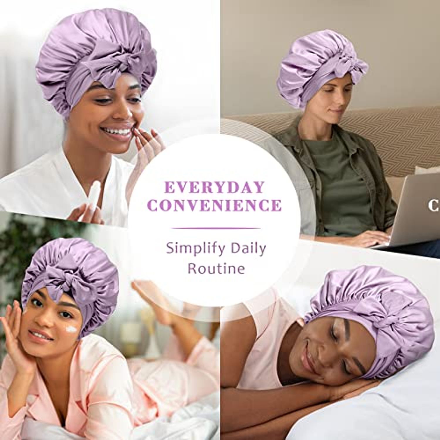 Satin Hair Bonnet Wide Band - Silk Like Sleeping Bonnets for Curly Hair Hair Wrap for Night Cap with Tie Band Breathable Satin Bonnet for Women and Girls(Purple)