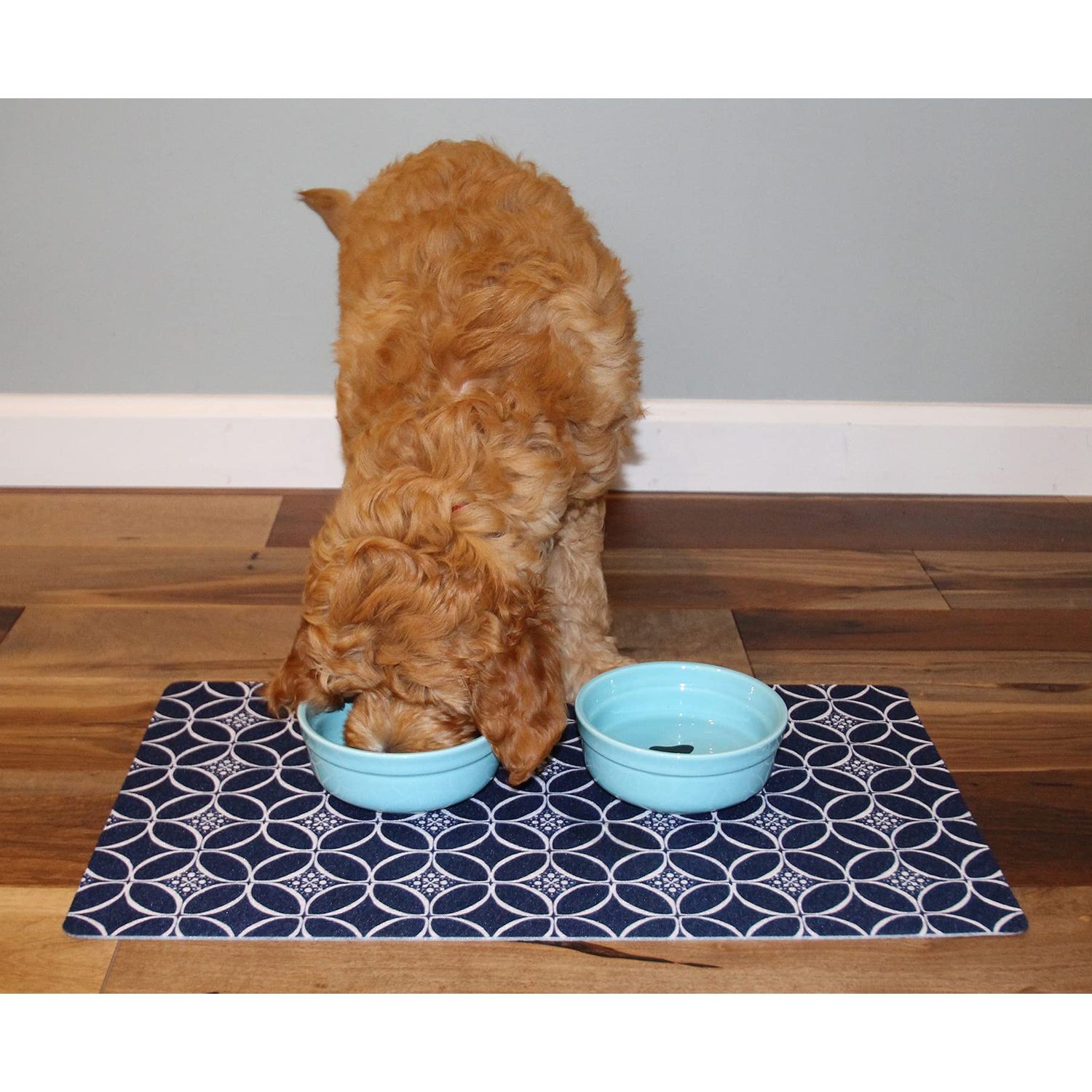 Drymate Pet Bowl Placemat, Dog & Cat Food Feeding Mat - Absorbent Fabric, Waterproof Backing, Slip-Resistant - Machine Washable/Durable (USA Made) (12” x 20”) (Indigo)