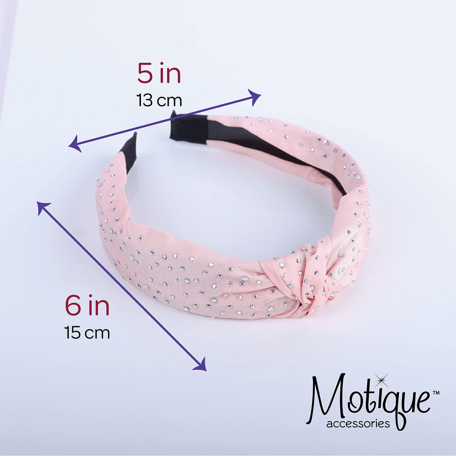 Motique Accessories Satin Turban Knot Headband with Silver Gems for Women and Girls (Light Pink Studs)