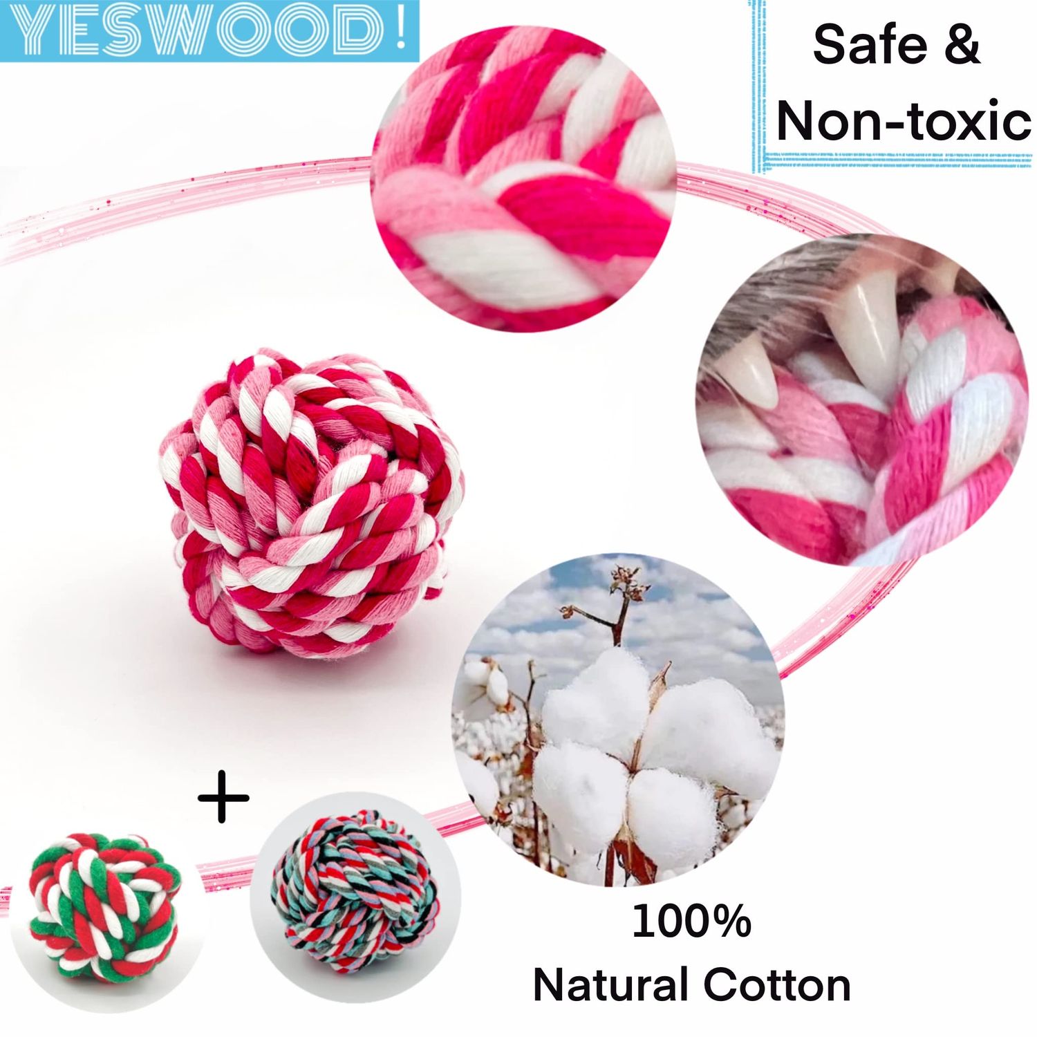 YESWOOD! Puppy Toys Small Rope Balls for Teething, Puppy Chew Pink Toy,Pet Friendly Washable Dog Toy Rope Ball for Small and Medium Dogs 0-60 Pounds(3-Pack)