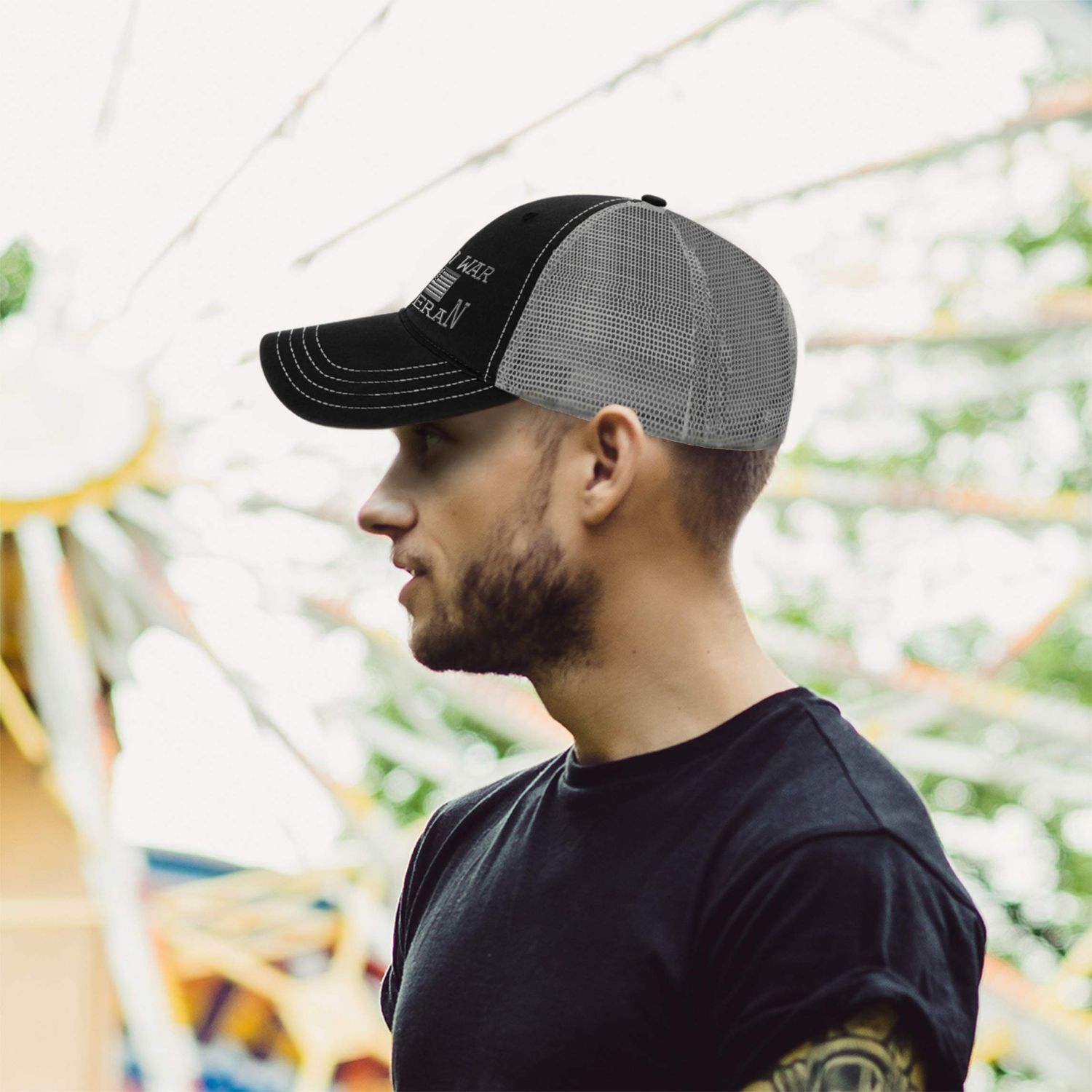 Richardson Trucker Mesh Hat American Veteran Iraq War B Embroidery Cotton Dad Hats for Men & Women Snapback Black Charcoal