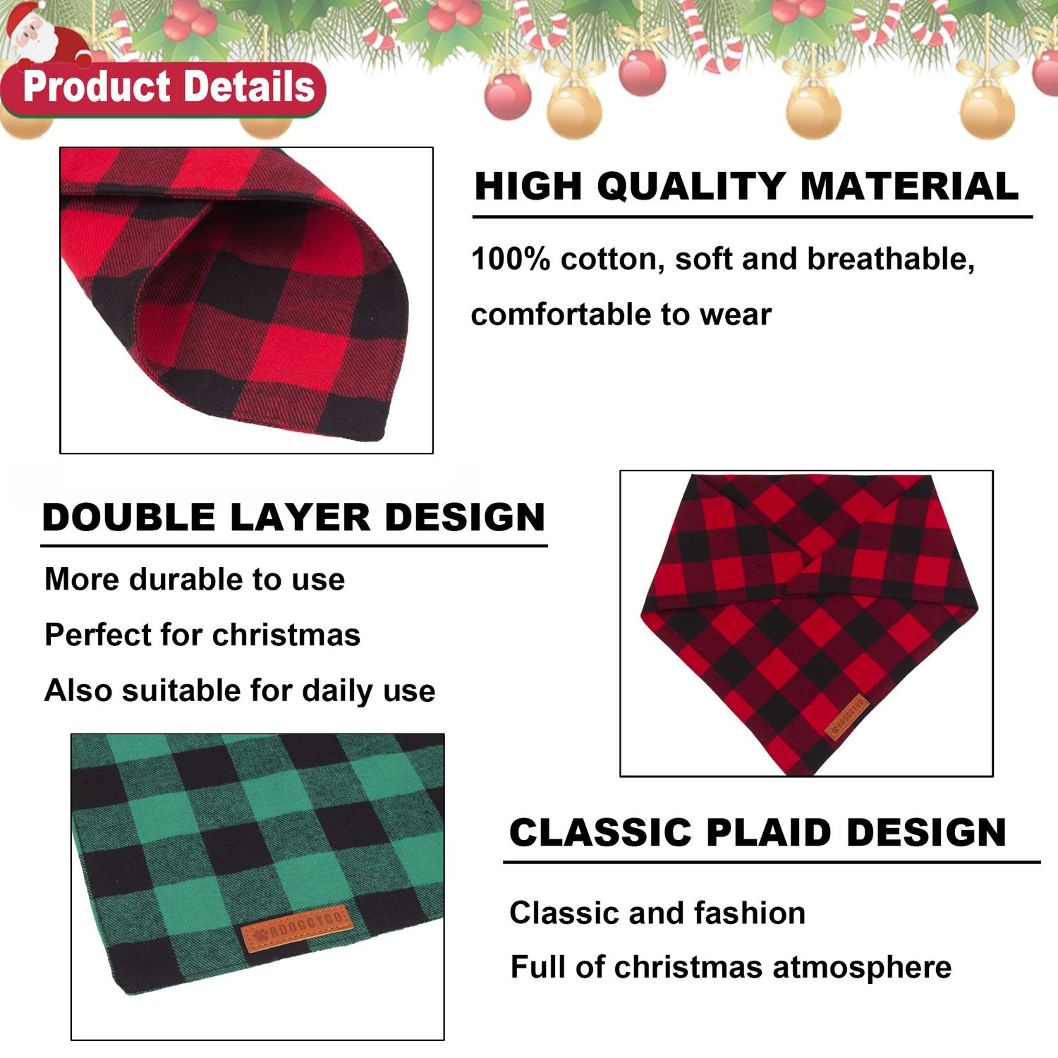ADOGGYGO Christmas Dog Bandanas 2 Pack, Premium Cotton Fabric, Multiple Sizes Offered, Red Green Plaid Bandanas for Medium Large Dogs (Large, Xmas)
