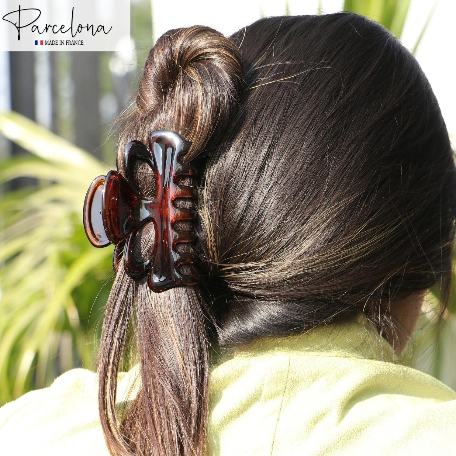Parcelona French Chat Yeux 3 1/2" Shell and Black Celluloid Set of 2 Non Slip Hair Claw Clips for Women, Made in France
