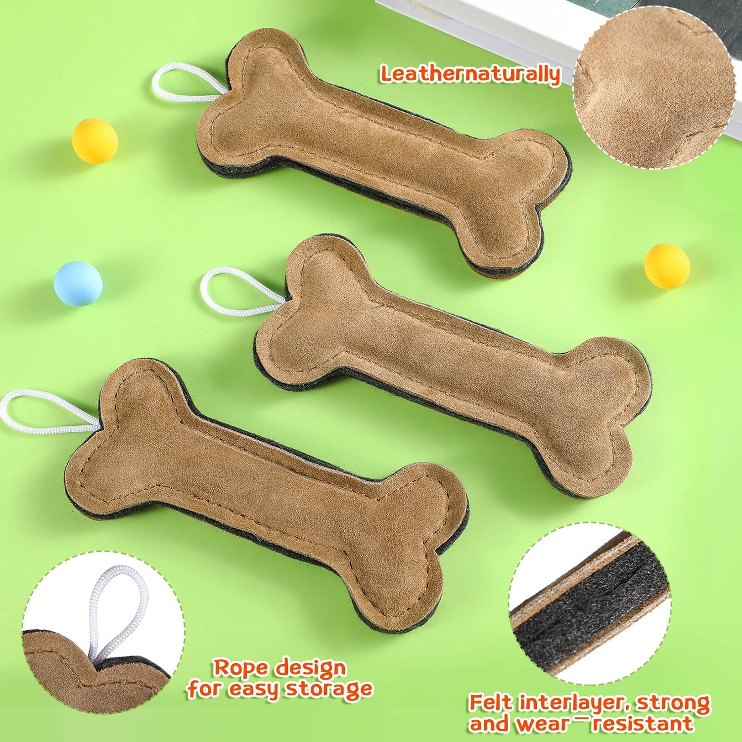 3 Pieces Leather Dog Toy Bone Toy Dog Tug Toy Interactive Dog Toys with Strong Rope Handle for Aggressive Chewers Puppy Teething, 6 Inch