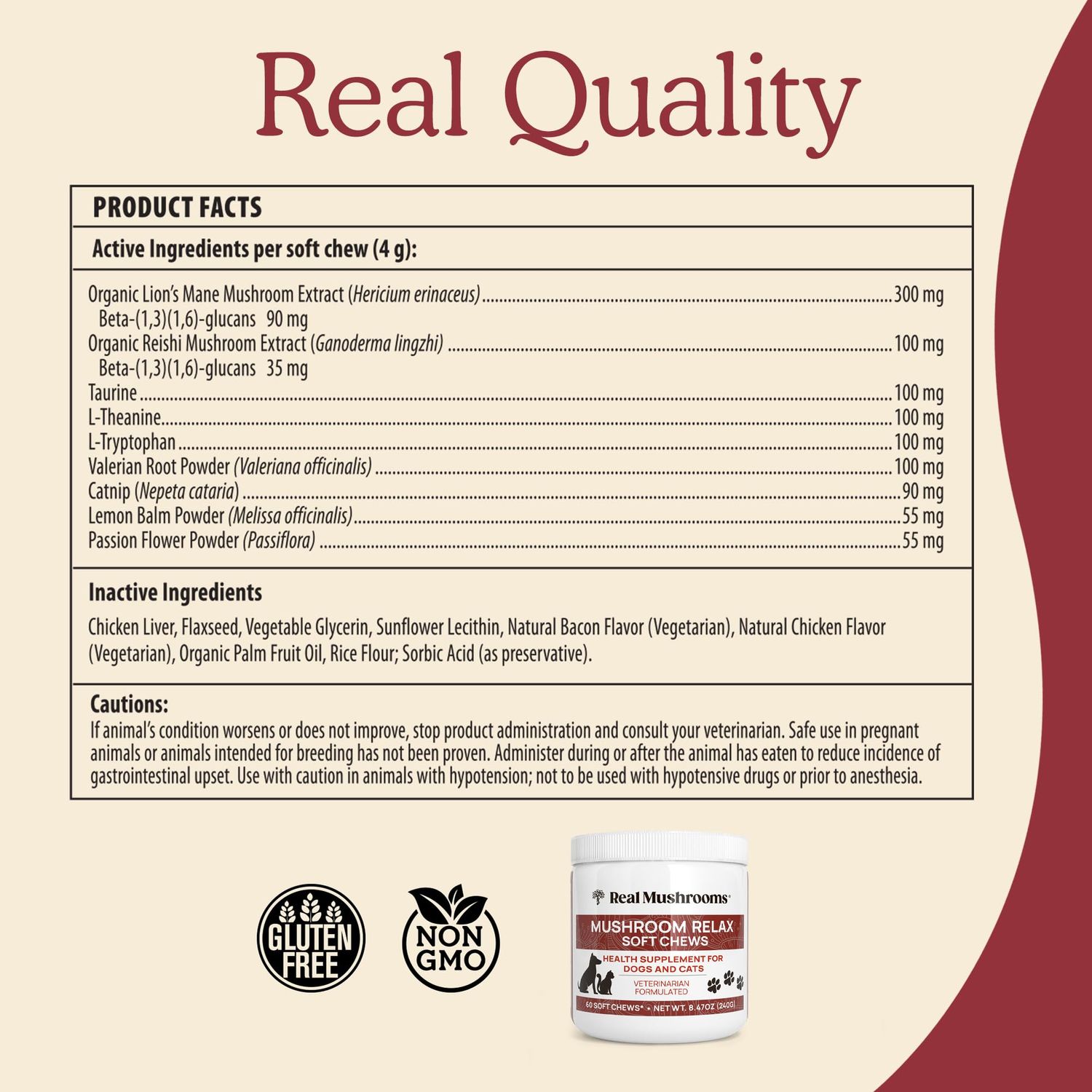Real Mushrooms Calming Chews for Dogs - Cat Dog Treats w Reishi Lions Mane, Dogs, Relaxation, Bites Pet, 60ct