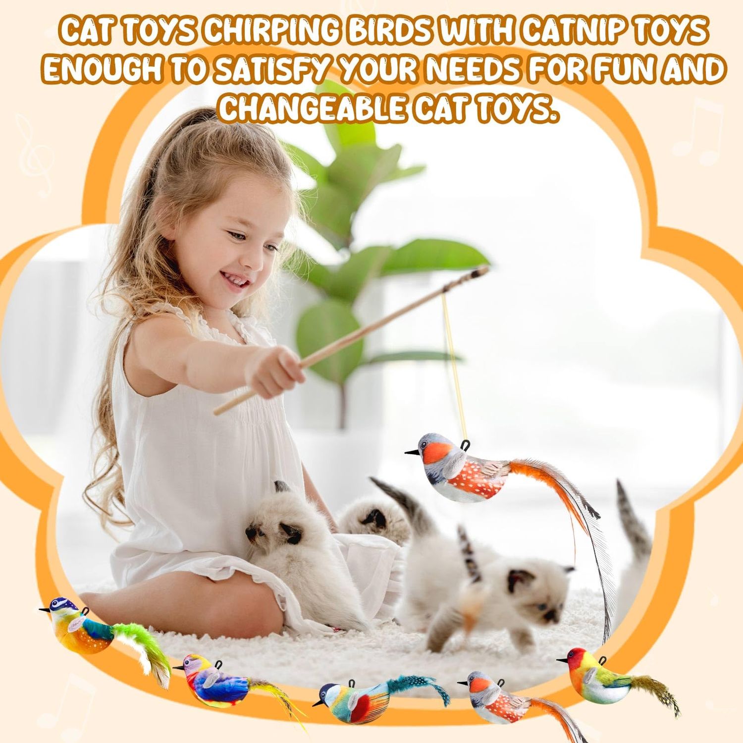 RattanView 5 Pcs Squeak Real Birds Interactive Cat Toys with Catnip,for Indoor Cats, with Chirping Birds Electronic Sound and Feather for Indoor Kitty Exercise