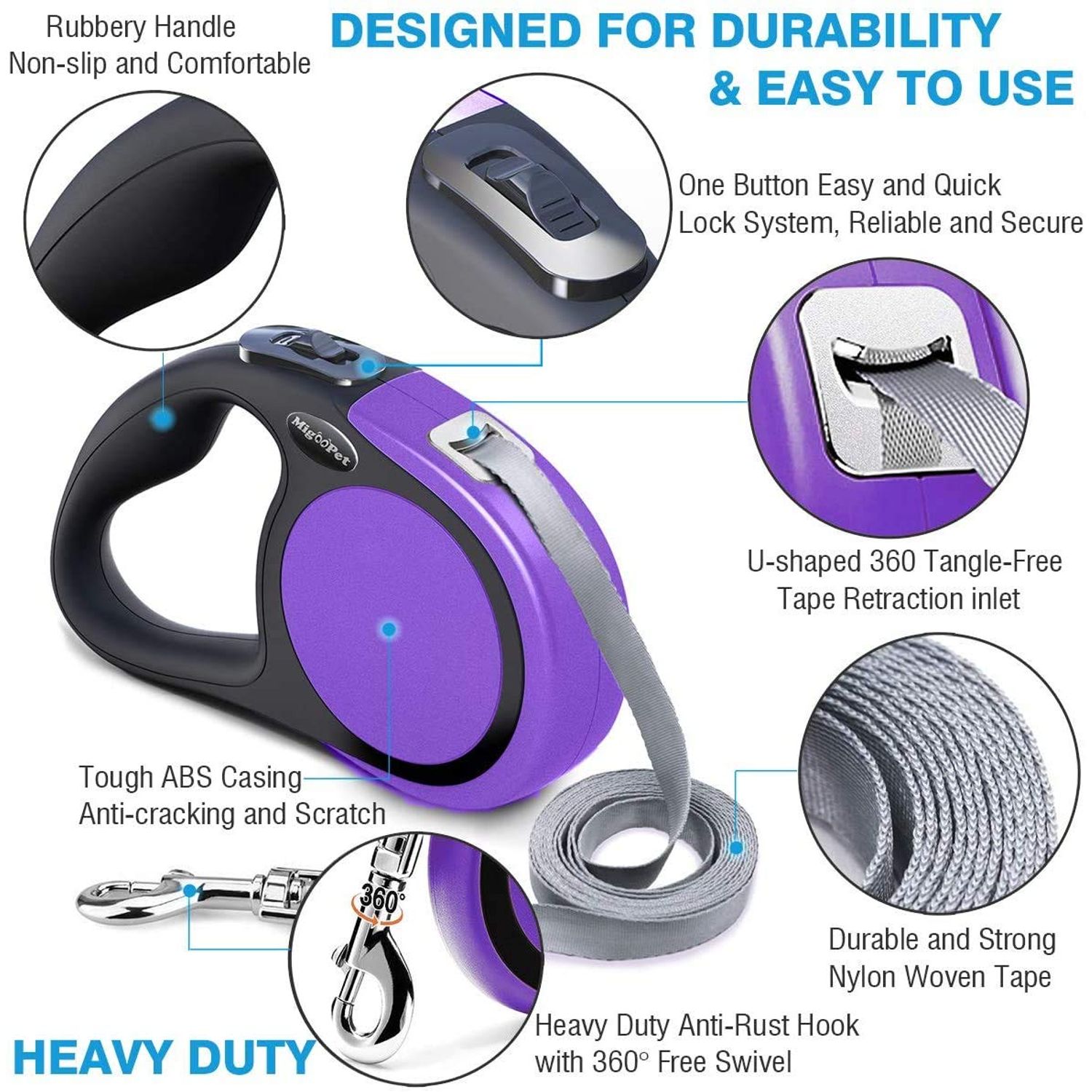 Heavy Duty Retractable Dog Leash-16ft Strong & Durable Walking Leash for S to L Dogs up to 45/115 lbs, Upgraded Lock System, Non Slip Grip, Tangle Free (Medium-Large Sized Dogs, Purple)