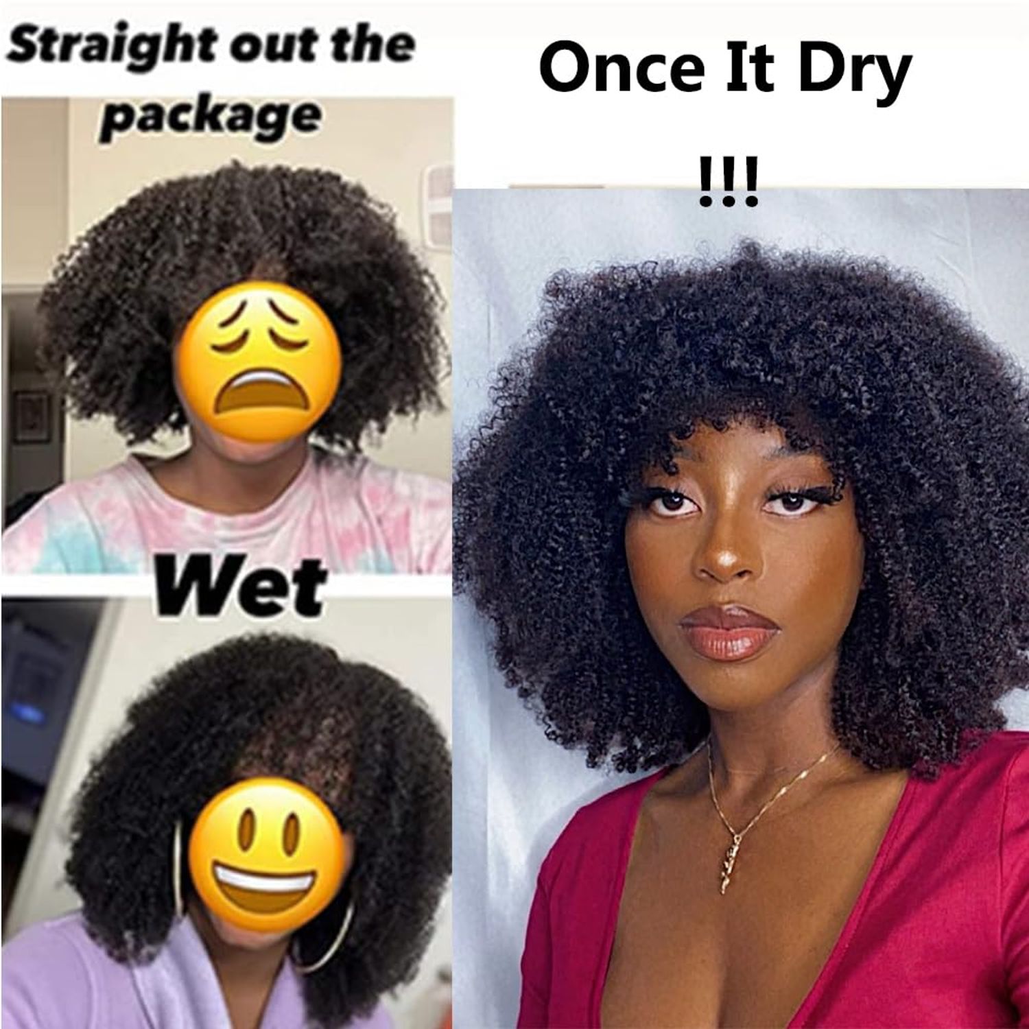 Young beauty Afro Kinky Curly Wig with bangs Glueless Scalp Top Full Machine Made Human Hair Wigs for Black Women 200Density Kinky Curly Brazilian Human Hair Wig 16inch Natural Color