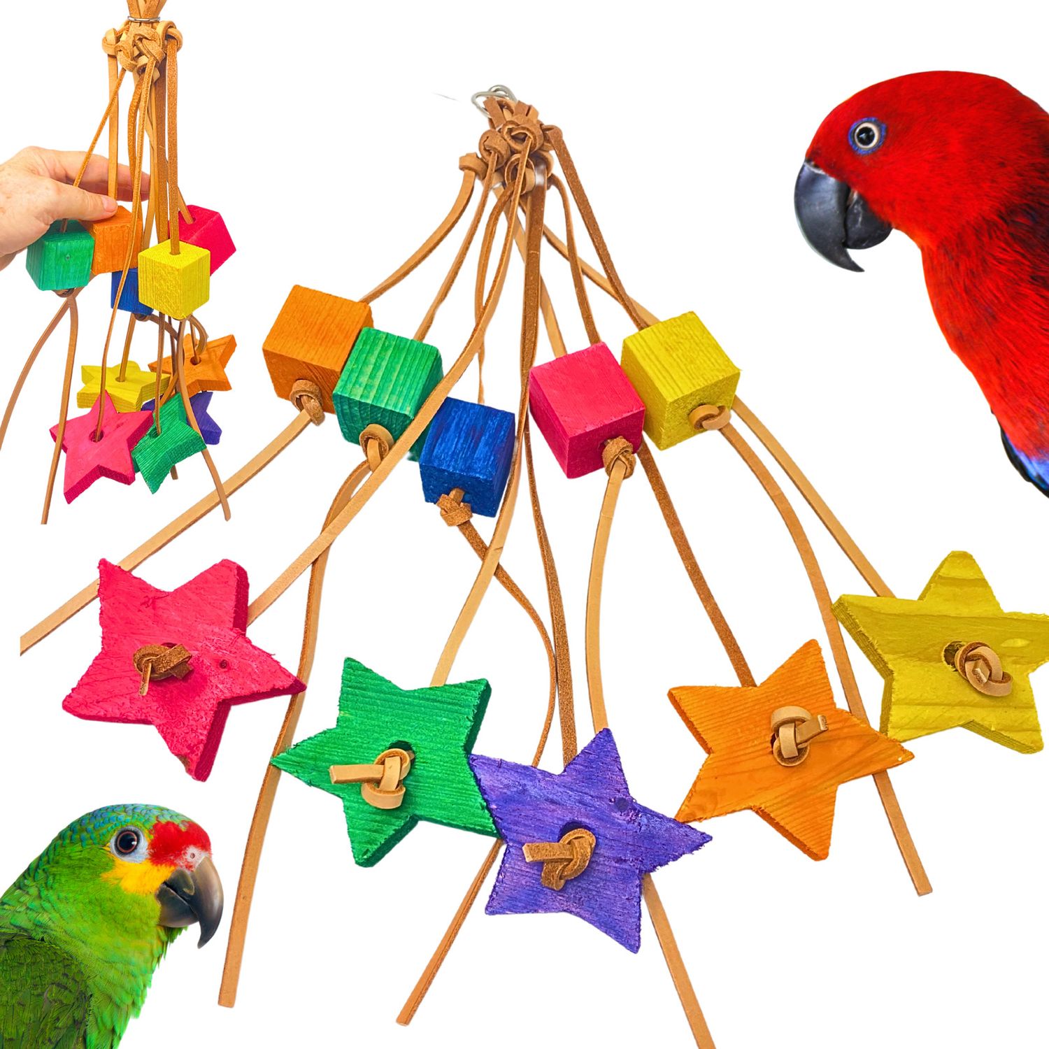 Bonka Bird Toys 1707 Shooting Star Large Wood Leather Chew Parrot Cage Toy Pet