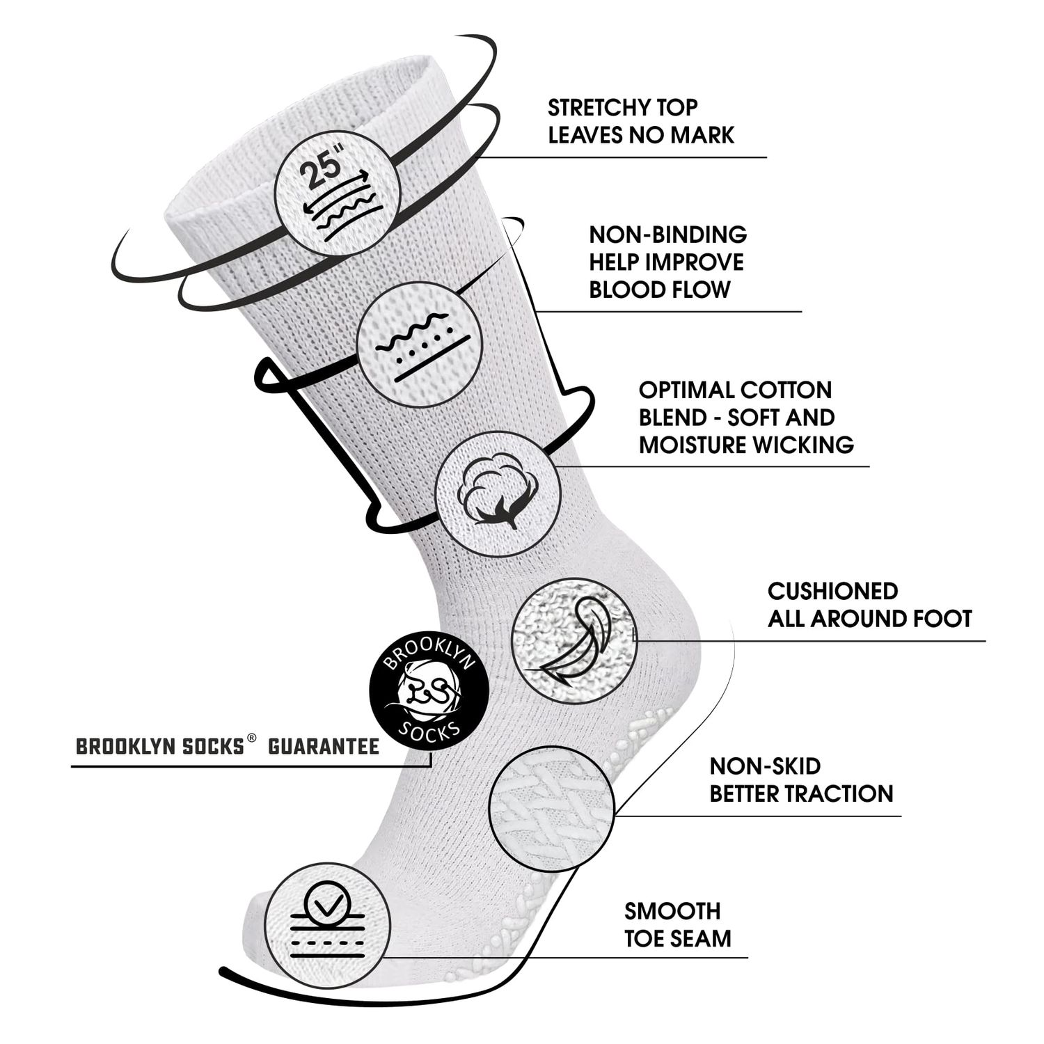 3 Pairs of Non-Skid Diabetic Crew Socks, Non Binding Top Therapeutic Cotton Gripper Socks (White, Size: 9-11)