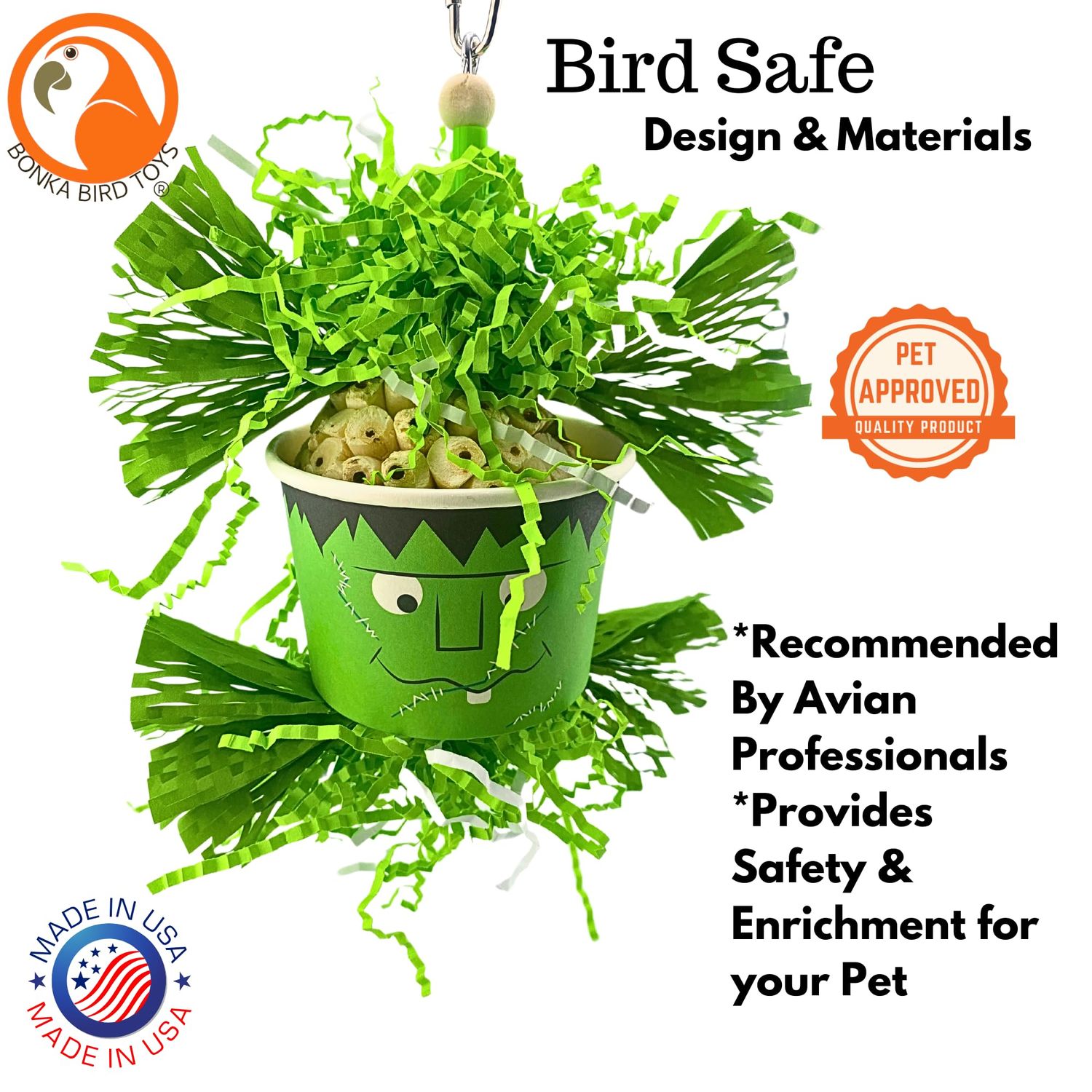 Bonka Bird Toys Halloween Ghoulish Treat Dishes Sola Atta Chew Shred Parrot Cage Toy, Conure, Ringneck, Quaker, Cocktail, and Similar Breed Sizes (2712 Frankenstein)