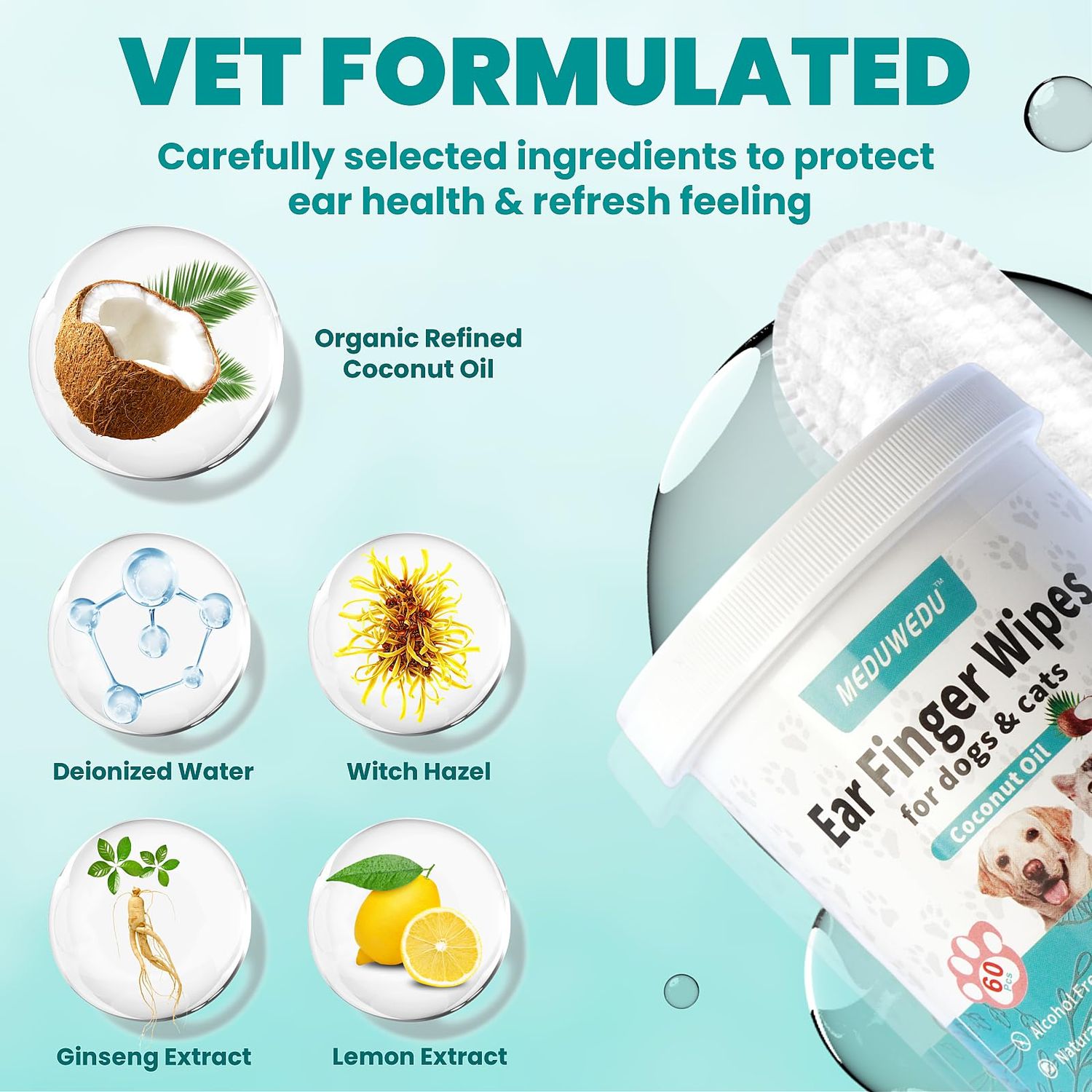 MEDUWEDU Ear Cleaner Finger Wipes 60 Counts, Dog Ear Cleaner, Grooming Kit Care for Dogs and Cats, Soft & Easy Otic Cleaning Pads, Remove Wax, Dirt & Stop Smelly, Itchy, Non-Irritating, Unscented
