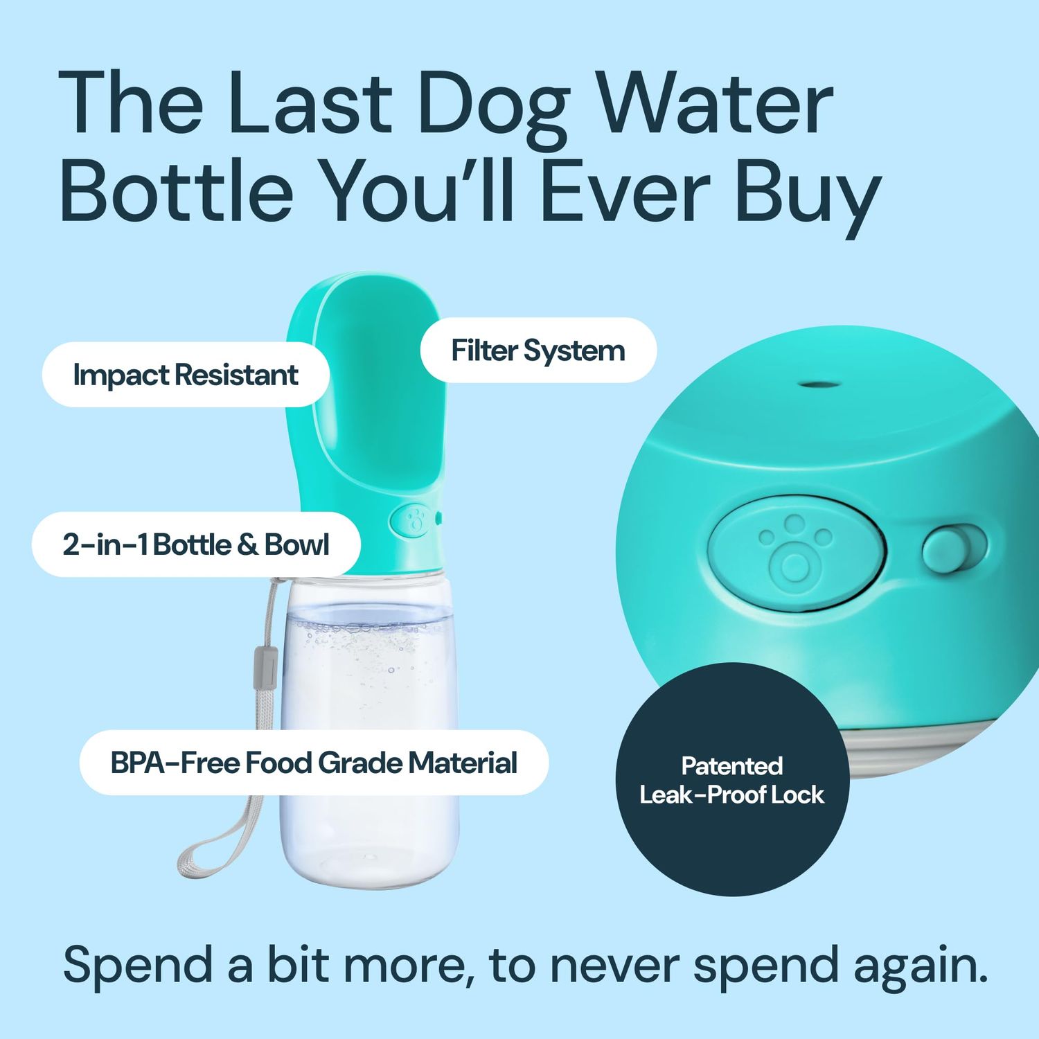 MalsiPree Lightweight Dog Travel Bottle - 19 oz, Blue Portable Dog Water Dispenser with Bowl - Food Grade Plastic - Pet Water Bottle