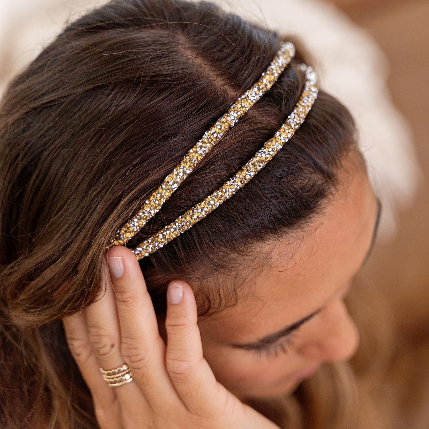 FROG SAC Rhinestone Headbands for Girls, Adjustable Double Row Glitter Headband for Women Hair Accessories, Sparkly Bling Hair Bands for Kids, Cute Tween Girl Head Band Hairband (Gold)