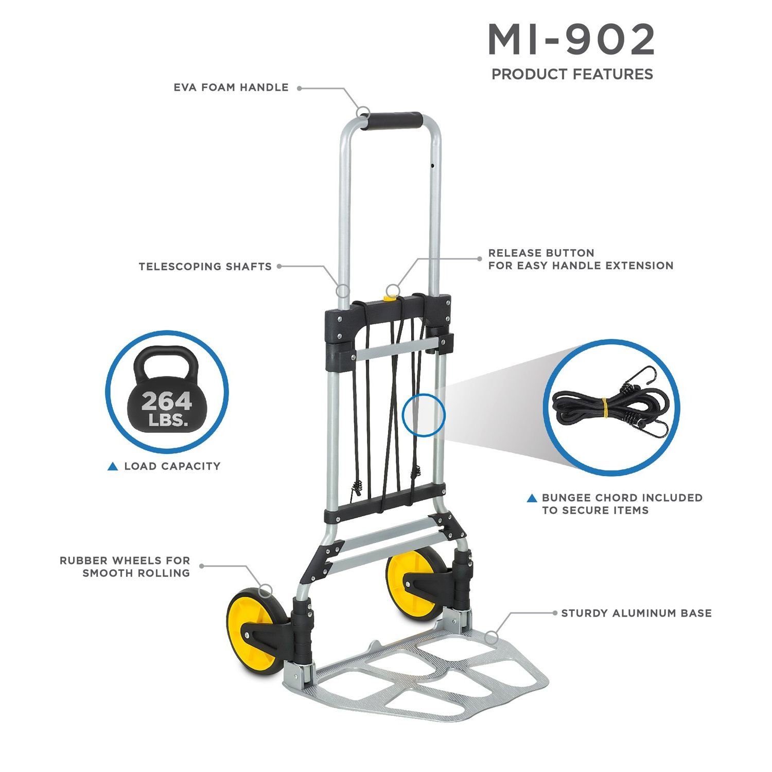 Mount-It! Folding Hand Truck and Dolly, 264 Lb Capacity Heavy-Duty Luggage Trolley Cart With Telescoping Handle and Rubber Wheels, Silver, Black, Yellow,