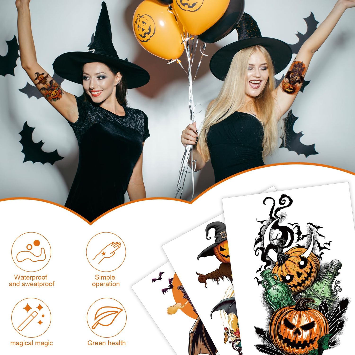 Halloween Arm Temporary Tattoos,8 Sheets Halloween Fake Tattoos Pumpkin Skull Bat Witch Cat Tattoo Stickers for Halloween Costumes Decorations Make Up Party Favors