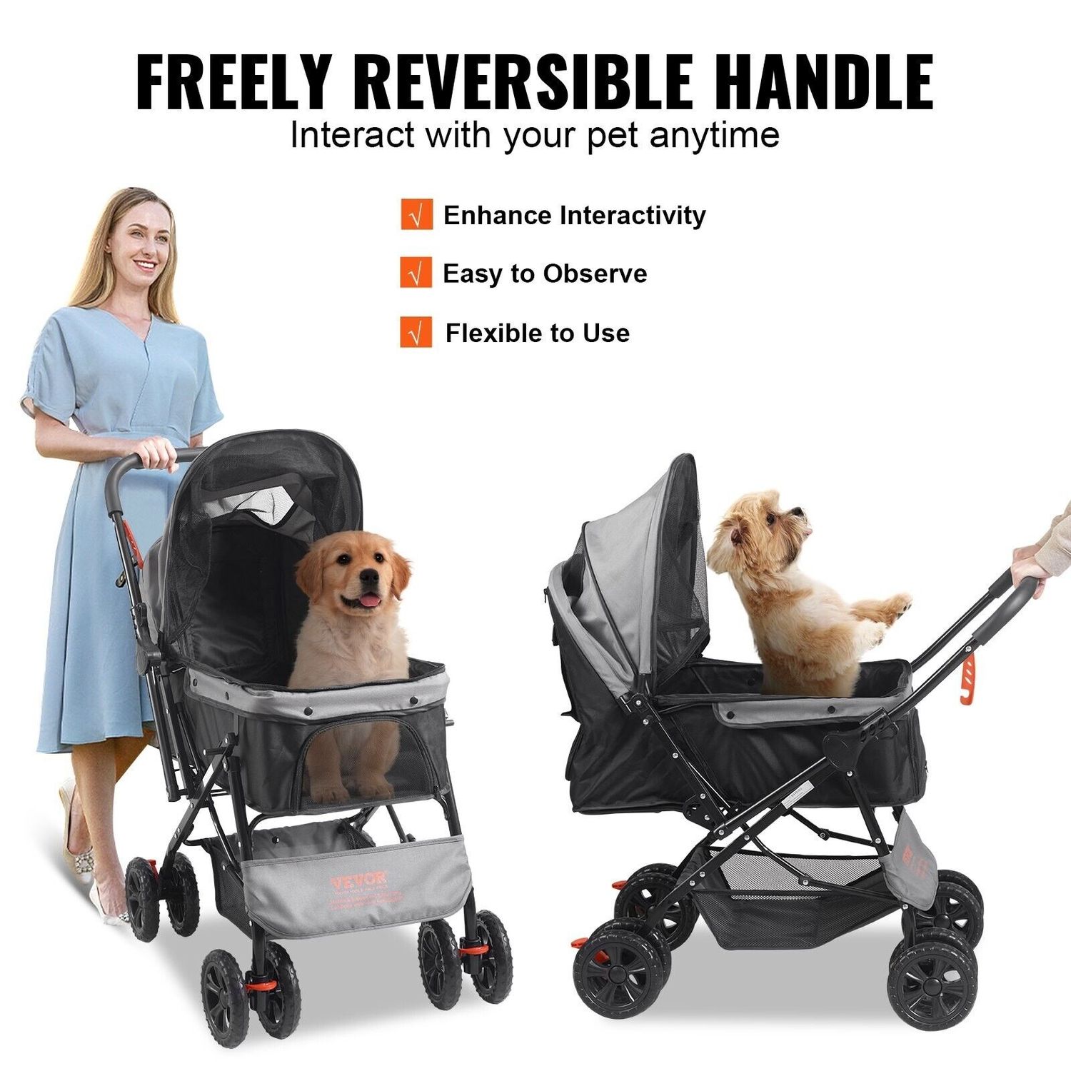 4-Wheel Pet Stroller 44lb Capacity Reversible Handle Storage Basket Travel Brake
