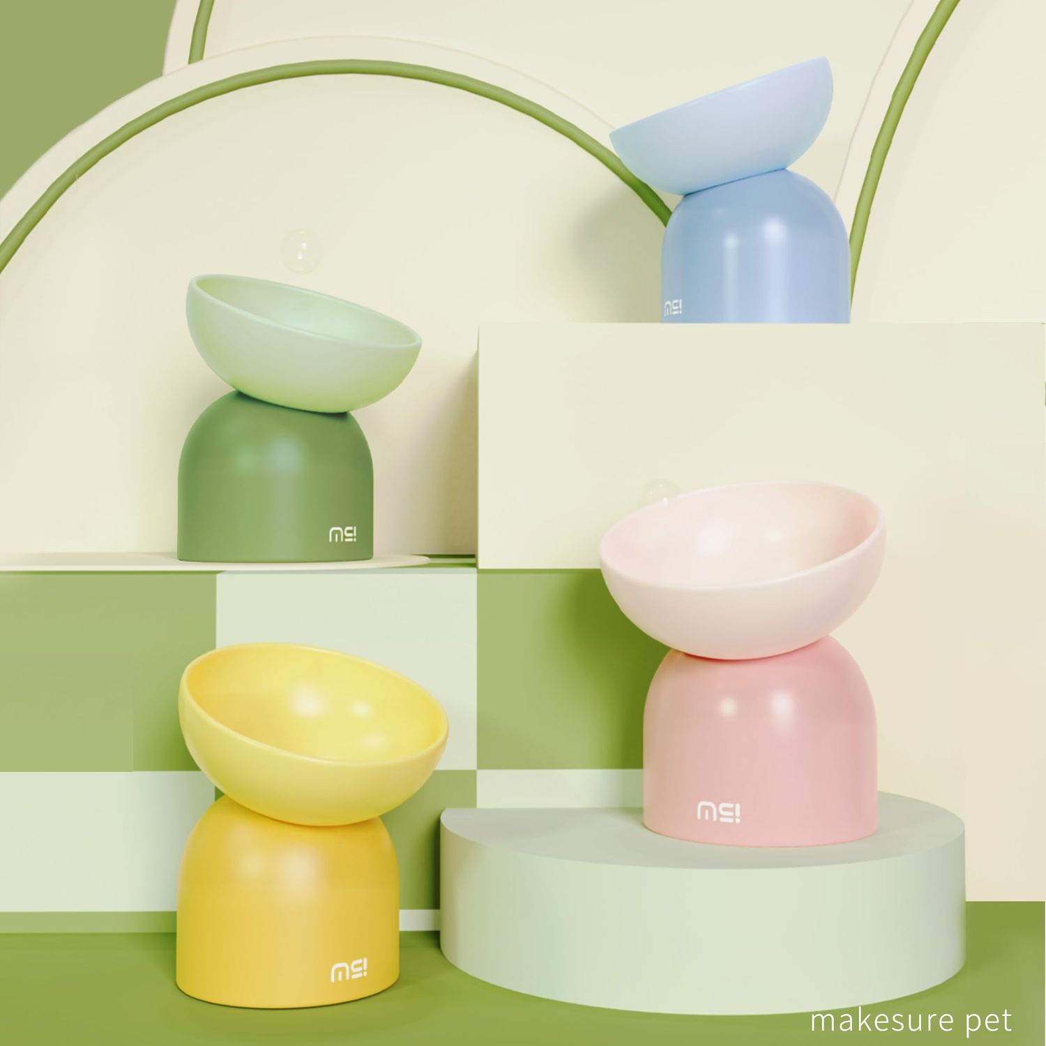 MS!MAKE SURE Elevated Cat Bowl, Ceramic Tilted Cat Food Bowl, Anti Vomit & Whisker Fatigue Cat Bowls for Food and Water (Green)