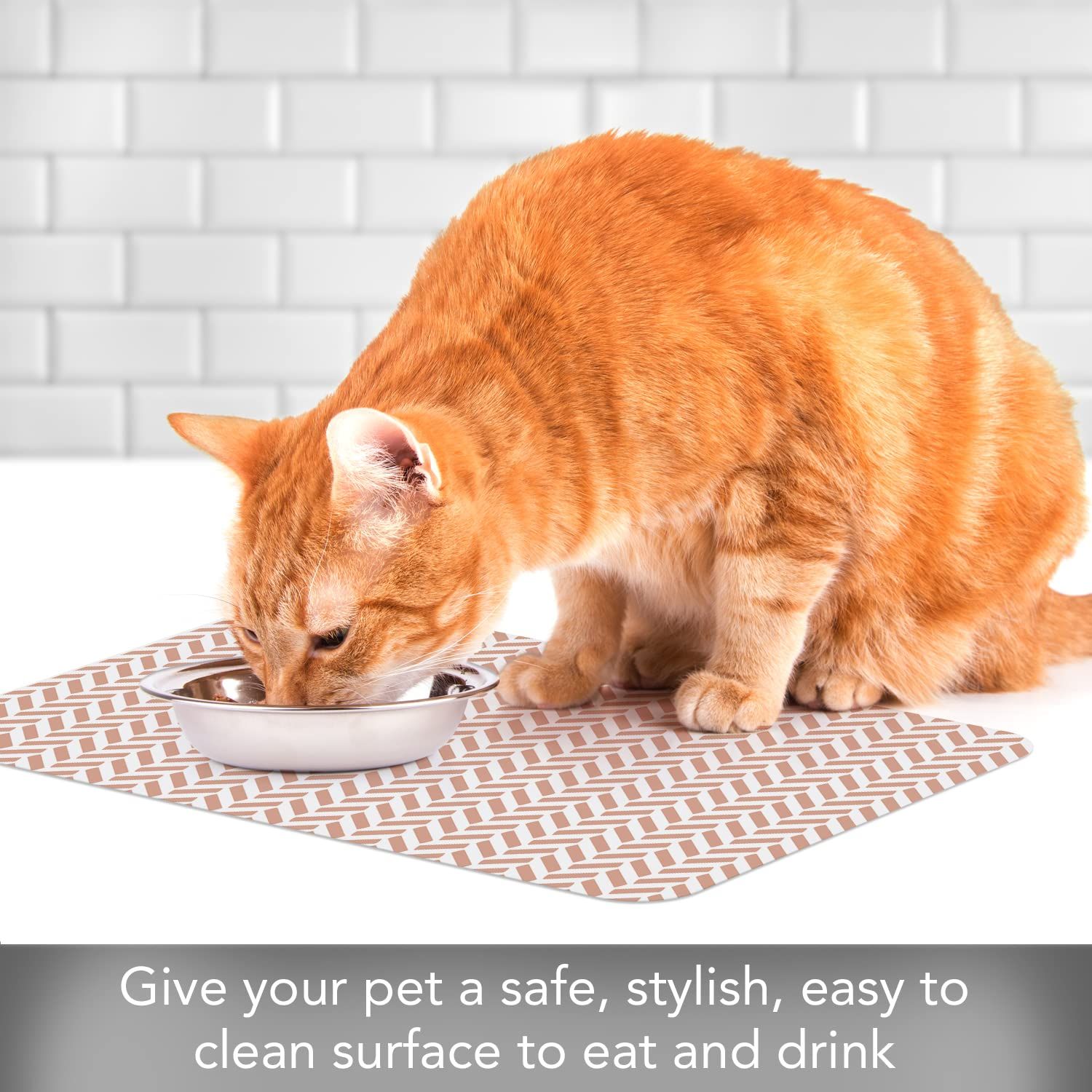 CounterArt Herringbone Easy Care Waterproof Pet Placemat 17.13” x 11.25” Made in The USA of BPA Free Plastic, Safe for Pets, Protects Floors from Cat & Dog Bowls