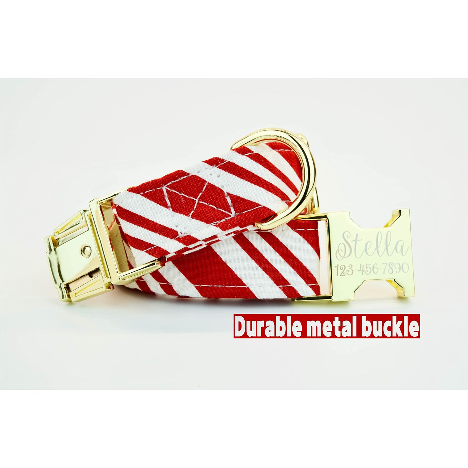 Candy cane, Christmas Dog Collar w/metal buckle or plastic, HAND MADE, Custom Engraved Personalized Collar, 1 inch wide, designer collars