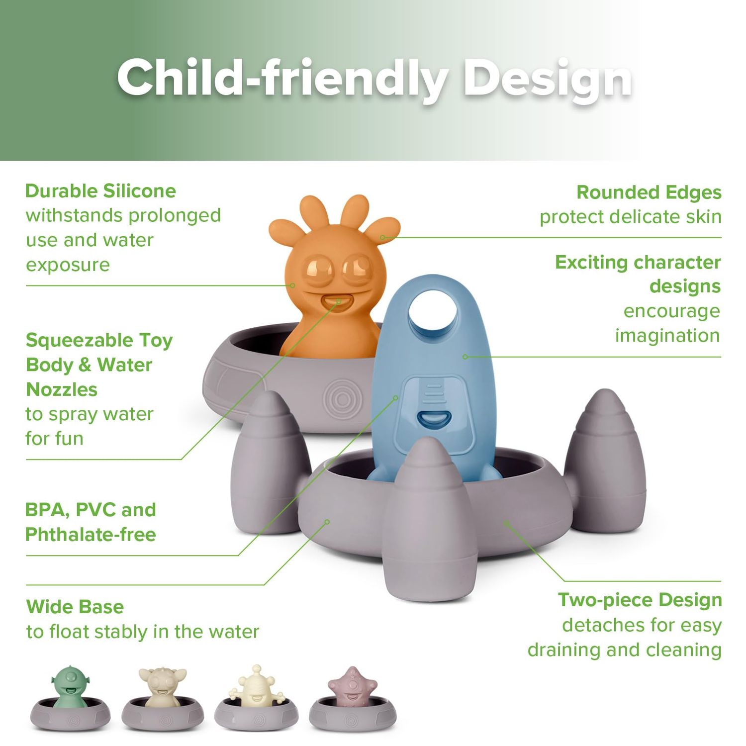 Haakaa Alien Explorers Baby Bath Toys, Food Grade Silicone Toddler Squirt Water Toys for Bathtubs/Swimming Pools/Beaches, Detachable Mold Free Floating Tub Toys for Kids Ages 1-3 (Whole Set)