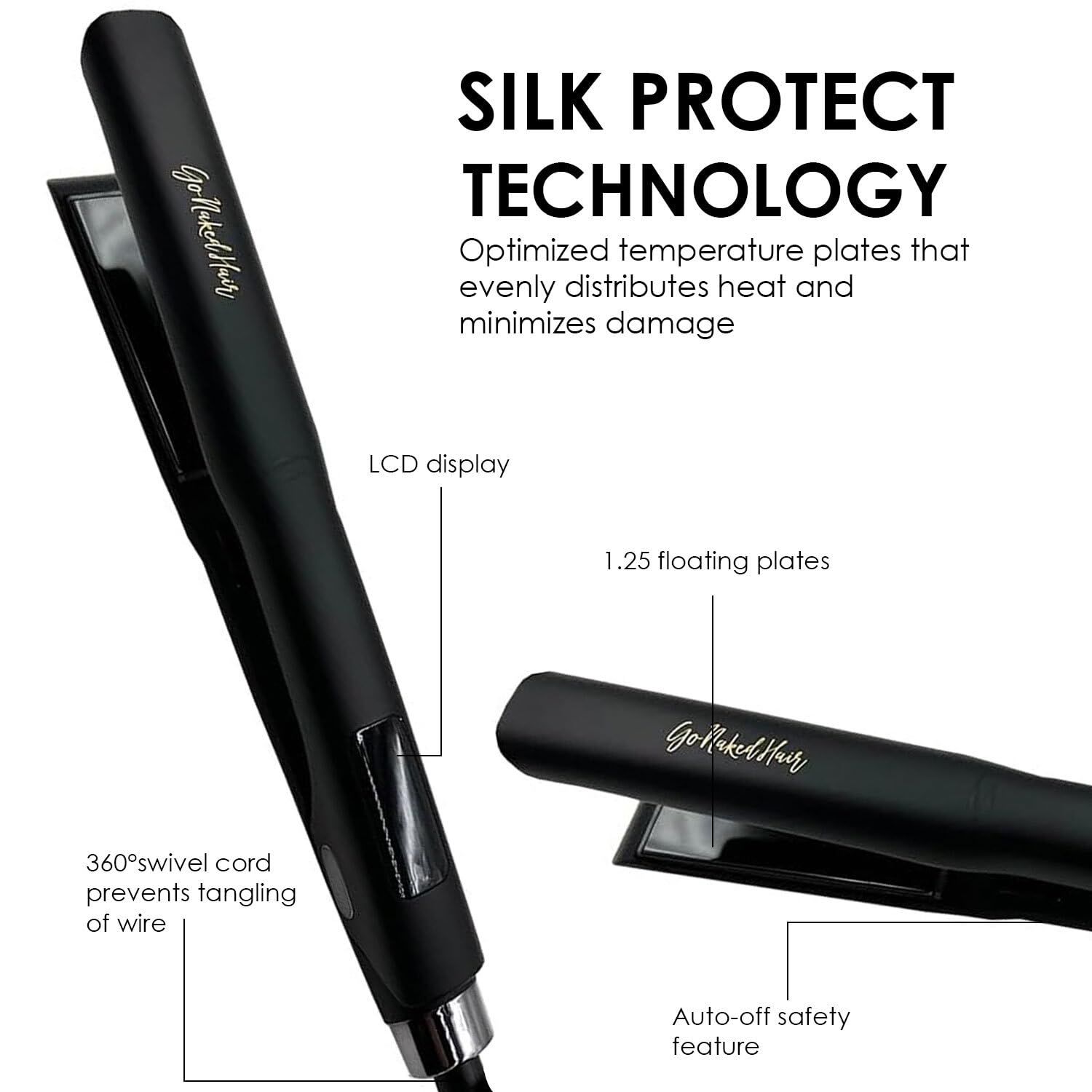 GoNaked Titanium Hair Straightener, Professional Styling Tool for Hair, Salon-Quality High Heat 480 Degree Flat Iron with Carrying Case 1.25" Floating Titanium Plates