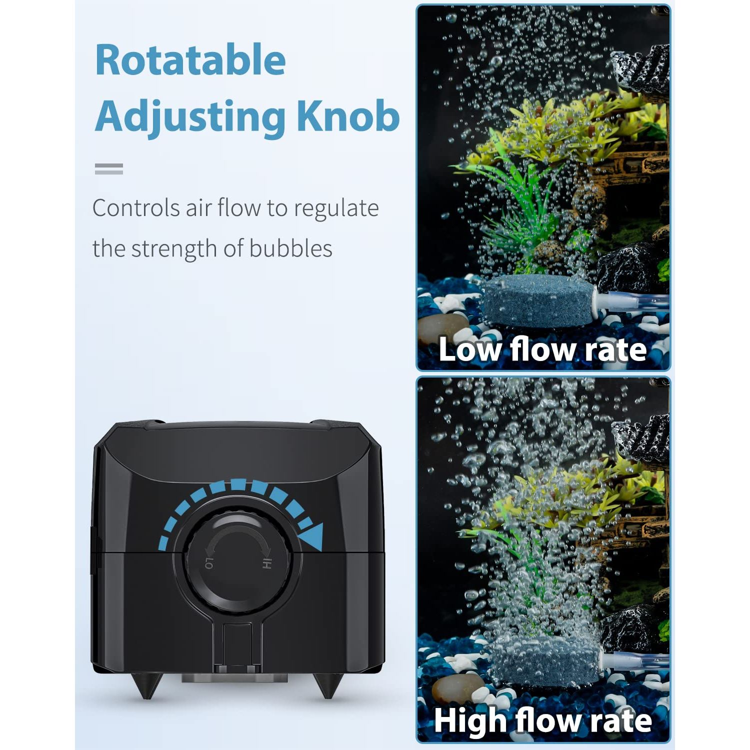 Uniclife 64 GPH Aquarium Air Pump with Dual Outlets Adjustable Quiet Fish Tank Air Pump with Air Stone Airline Tubing Check Valve and Connector Accessories for 10-100 Gallon Fish Tank