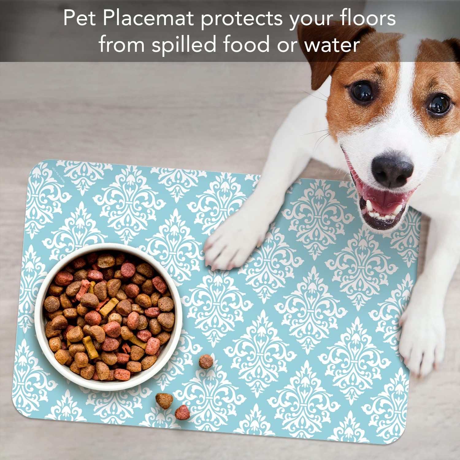 CounterArt Damask Easy Care Waterproof Pet Placemat 17.13” x 11.25” Made in The USA of BPA Free Plastic, Safe for Pets, Protects Floors from Cat & Dog Bowls