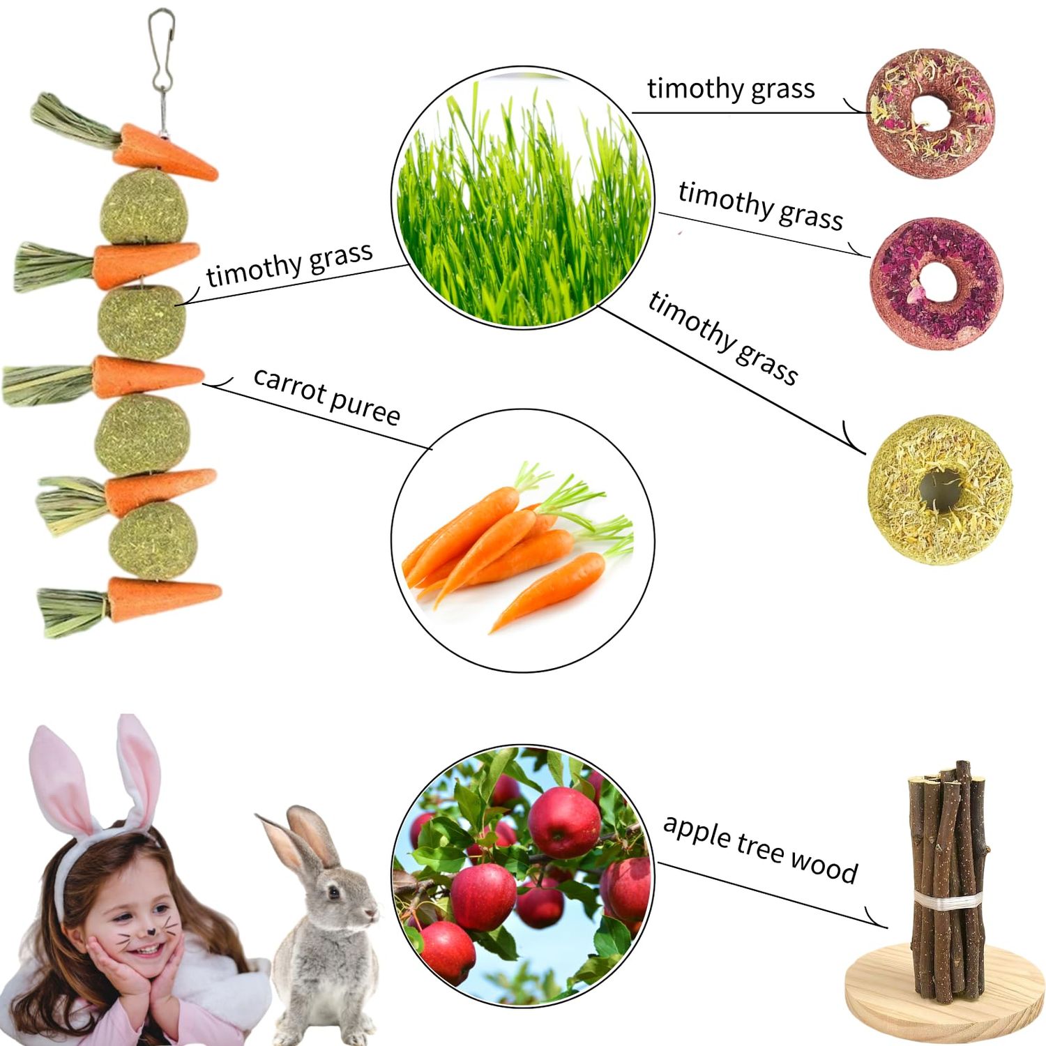 Bskllrgo 31 Pcs Small Pet Chew Toys for Dental Health - Natural Apple Wood, Timothy Grass Sticks & Sweet Bamboo, Teeth Grinding Toys for Rabbits, Guinea Pigs, Hamsters, Chinchillas Cage Accessories